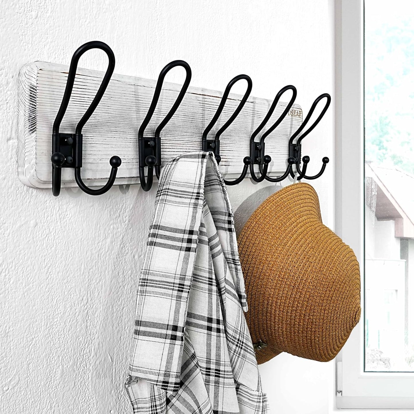 Dseap Coat Rack Wall Mounted - Heavy Duty Farmhouse Rustic Wall Coat Hanger with 5 Wire Hooks for Clothes Hat Jacket Towel, RusticWire, J1-5A, Whitewash & Black