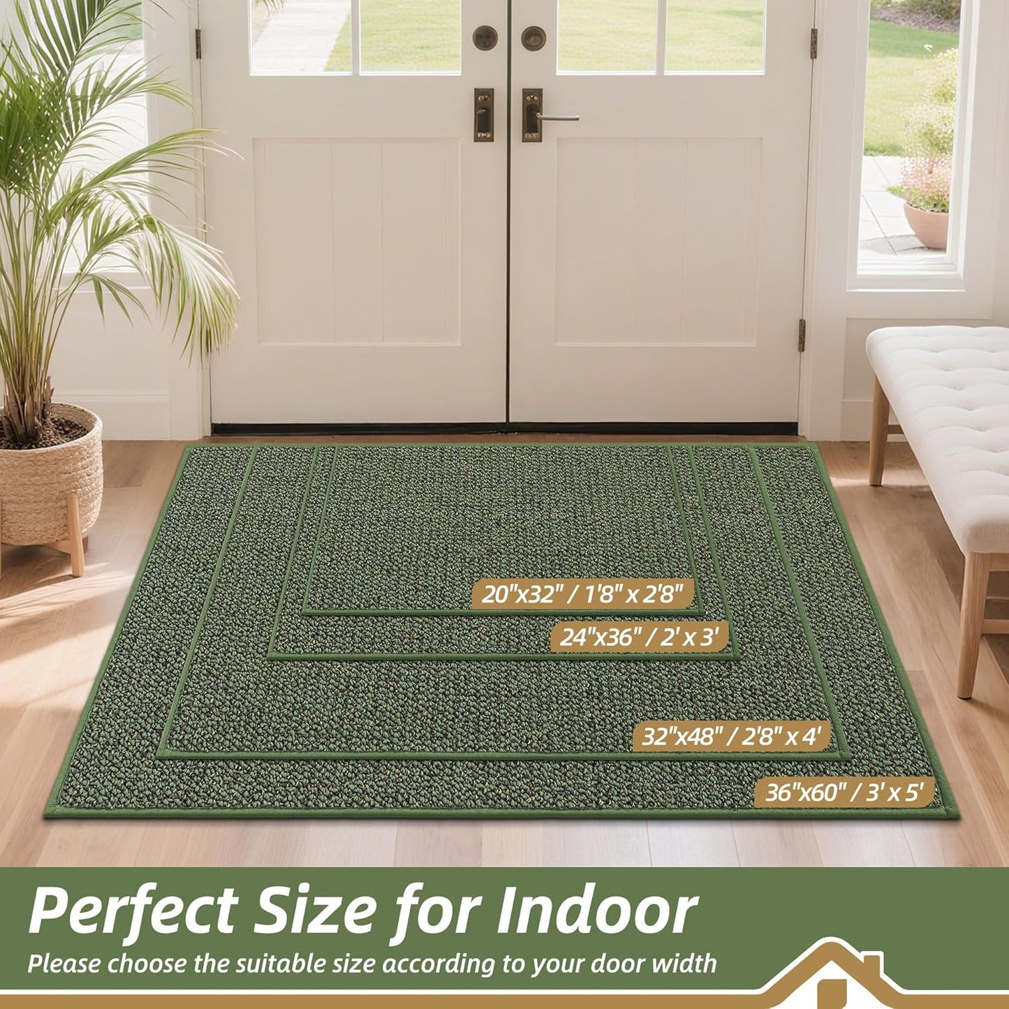 BEQHAUSE Dirt Trapper Door Mat 20" x 32", Non-Slip Washable Doormats Entrance Mat, Dirt Resistant and Absorbent Welcome Mat, Low Profile Floor Mats for Front Back Door and Entryway, Green