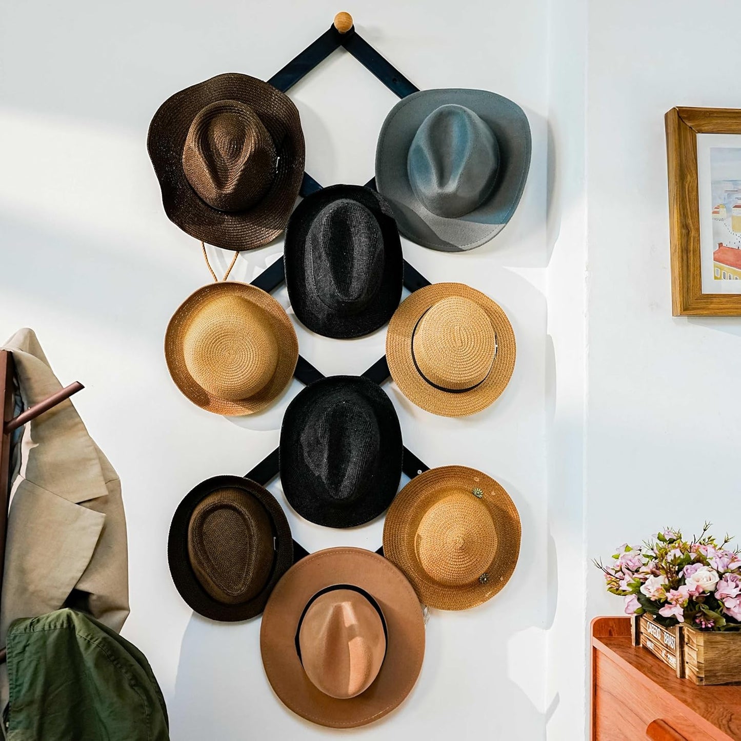 Dseap Expandable Coat Rack (Larger Version) - 24” High, Anti-Slip, Ultra Heavy Duty Wooden Accordian Wall Hanger with 10 Study Peg Hooks for Clothing Hats Jackets Bags, Dark Walnut