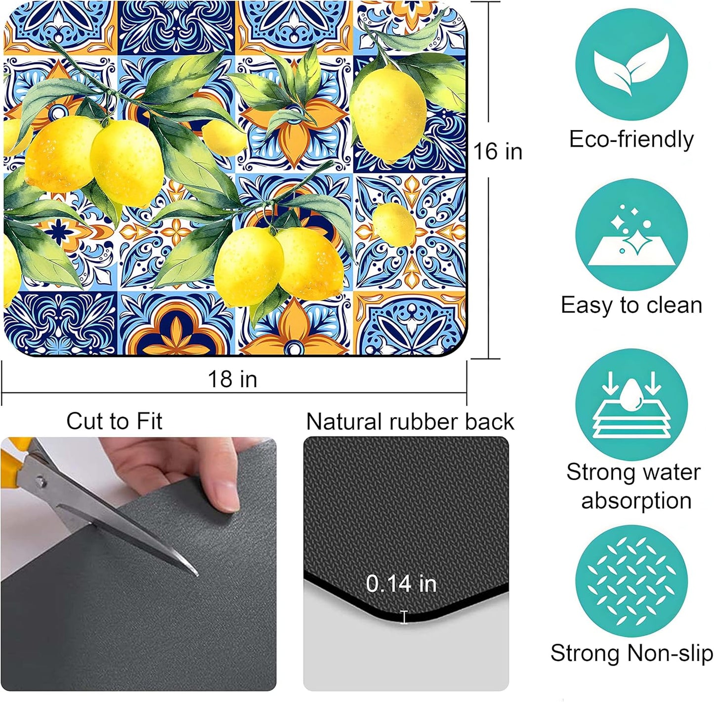 Rubber Dish Drying Mat for Kitchen Counter Large Lemon Washable Quick Home Coffee Pad Fit Under Sink,Bar,Utensils 16x18in