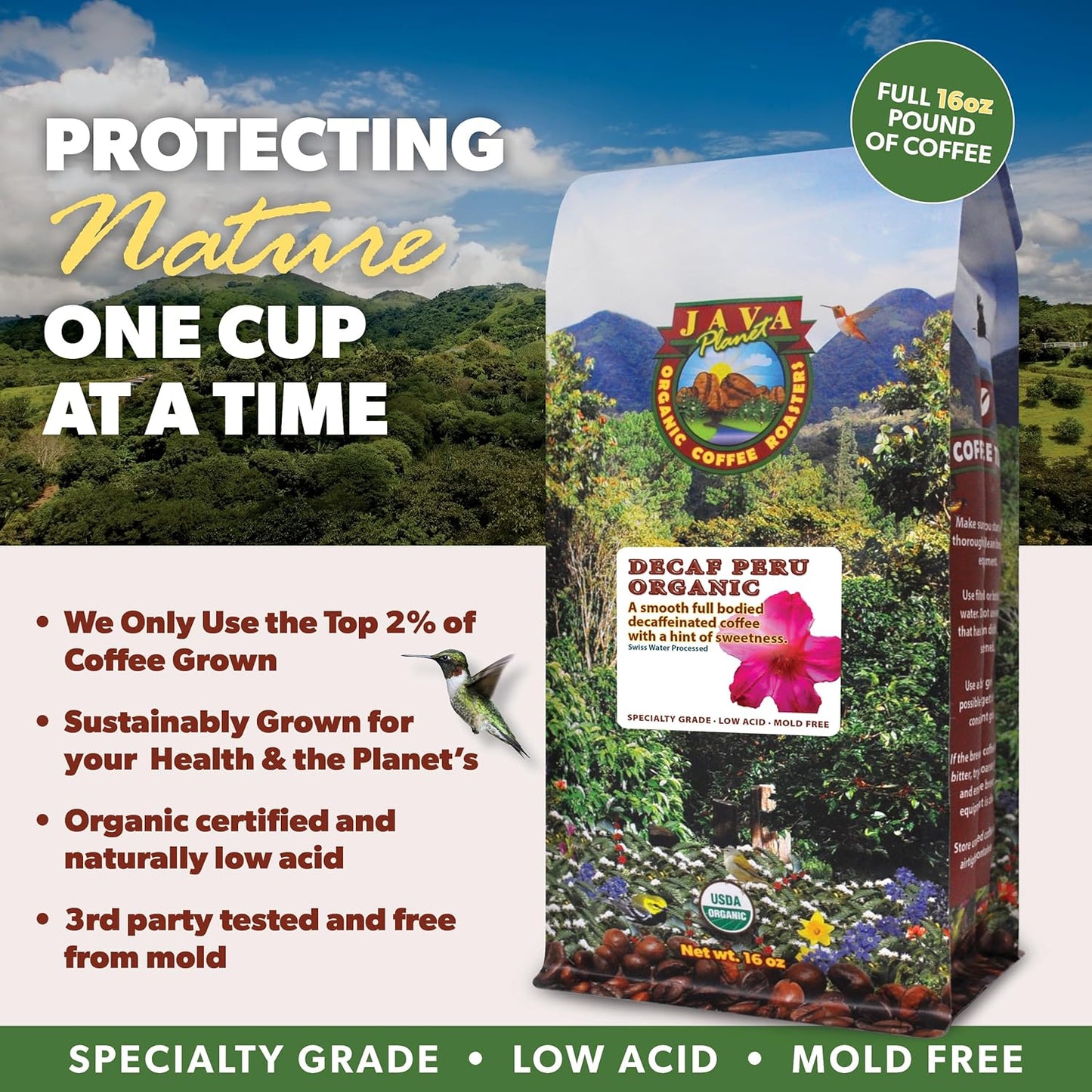 Low Acid Organic Coffee – Whole Bean, Mold-Free & Stomach Friendly by Java Planet, Peruvian Single Origin Decaf Coffee, Medium Dark Roast, Water Process, Smooth Full Flavored, 1LB Bag