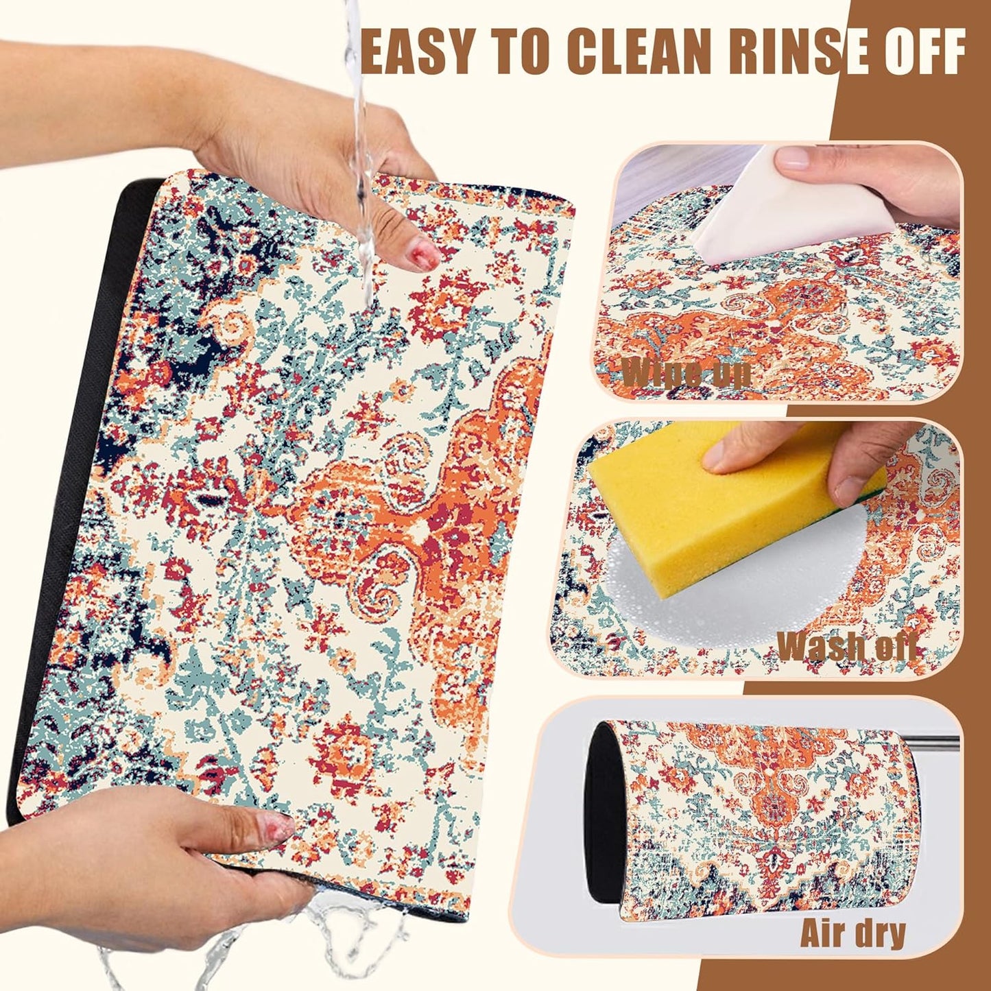 Persian Vintage Boho Carpet Coffee Mat Dish Drying Mat for Kitchen Counter Absorbent Hide Stain Rubber Backed Coffee Bar Accessories Fit Under Espresso Machine Dish Drainer 15.7 x 23.6 Inch