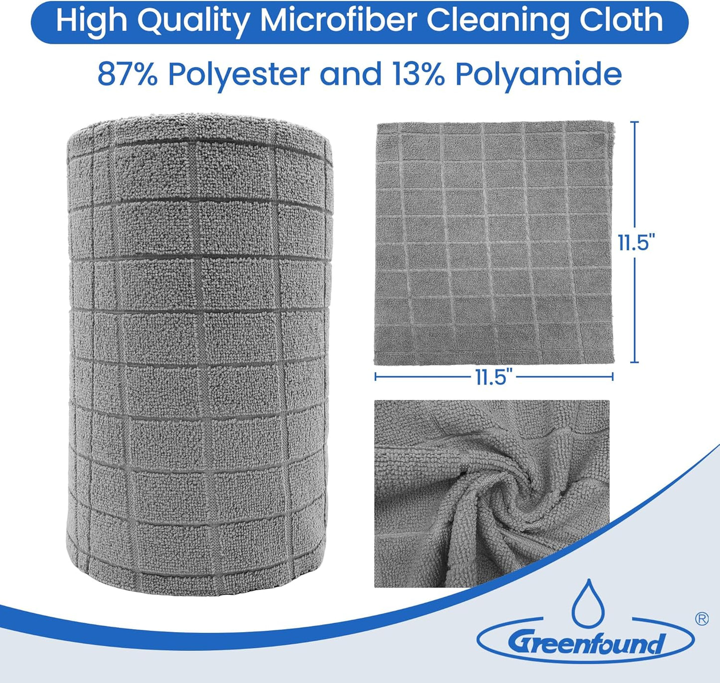 Greenfound Microfiber Cleaning Cloth Roll -80 Pack,Tear Away Towels for Car,Reusable Paper Towels Washable,Super Absorbent,Lint Free Cleaning Rags for House,Kitchen,Window-11.5"×11.5"(Check Grey)
