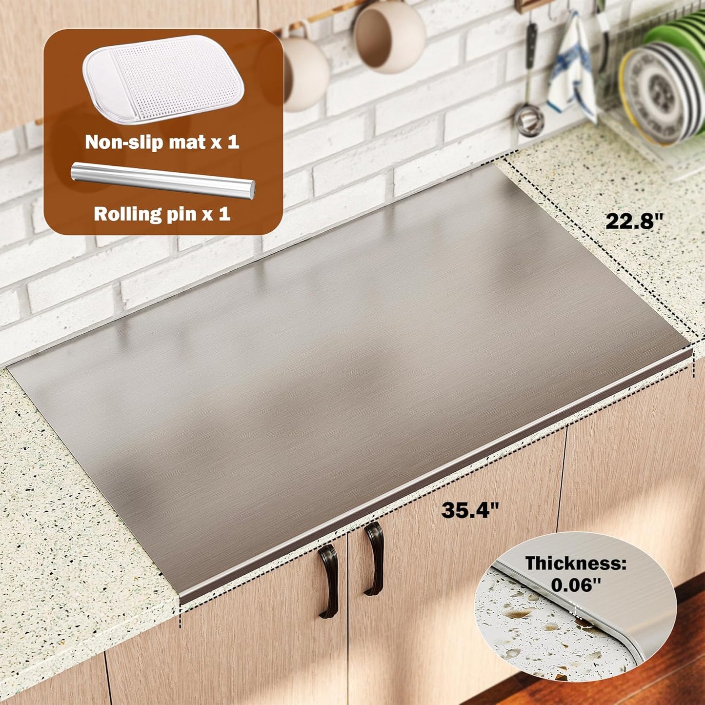 Large Cutting Board 35.4" L X 22.8" W Stainless Steel Cutting Board with Lip Metal Baking Board Non Stick Thick Board with Rolling Pin for Meat Fruits Vegetables Bread and Baking