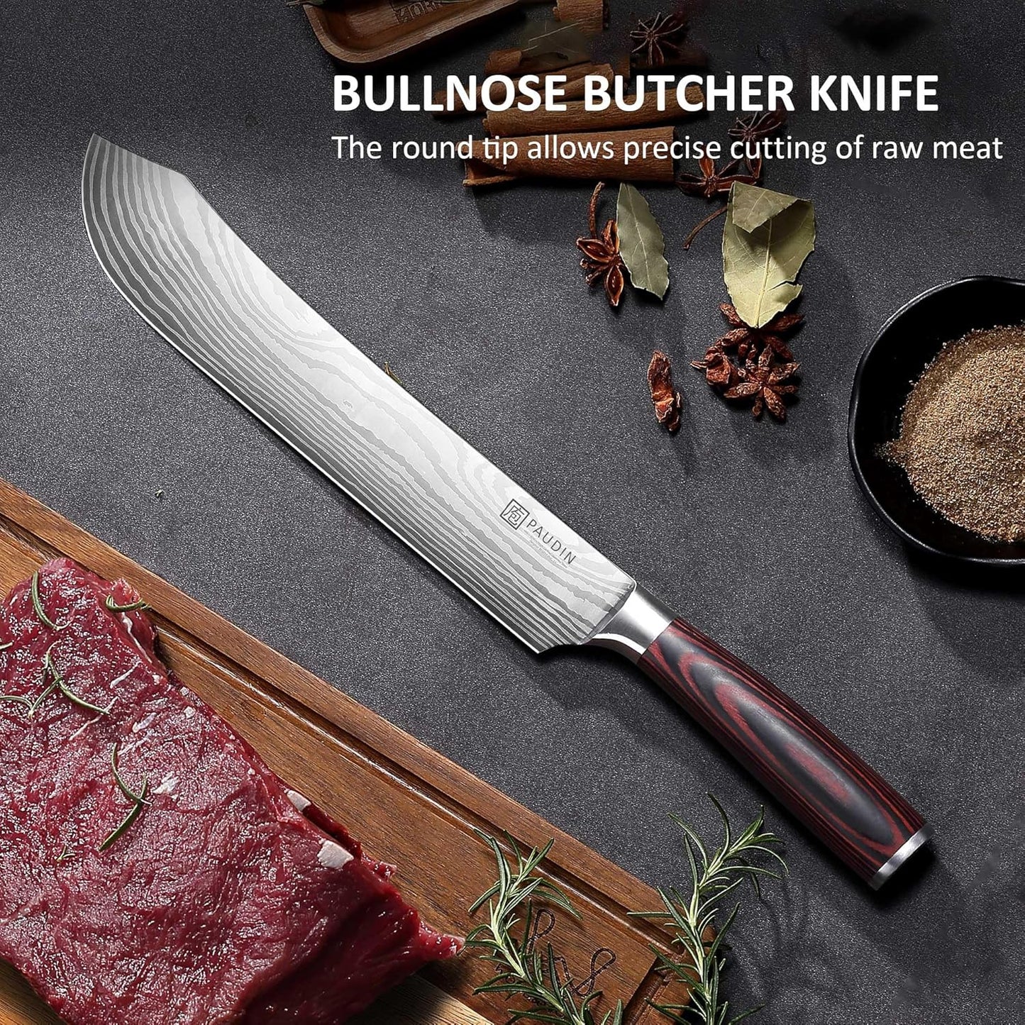 PAUDIN Butcher Knife, 10″ Bullnose Brisket Knife,Forged High Carbon German Steel, Ultra Sharp Edge for Meat Cutting, Ergonomic Handle Design