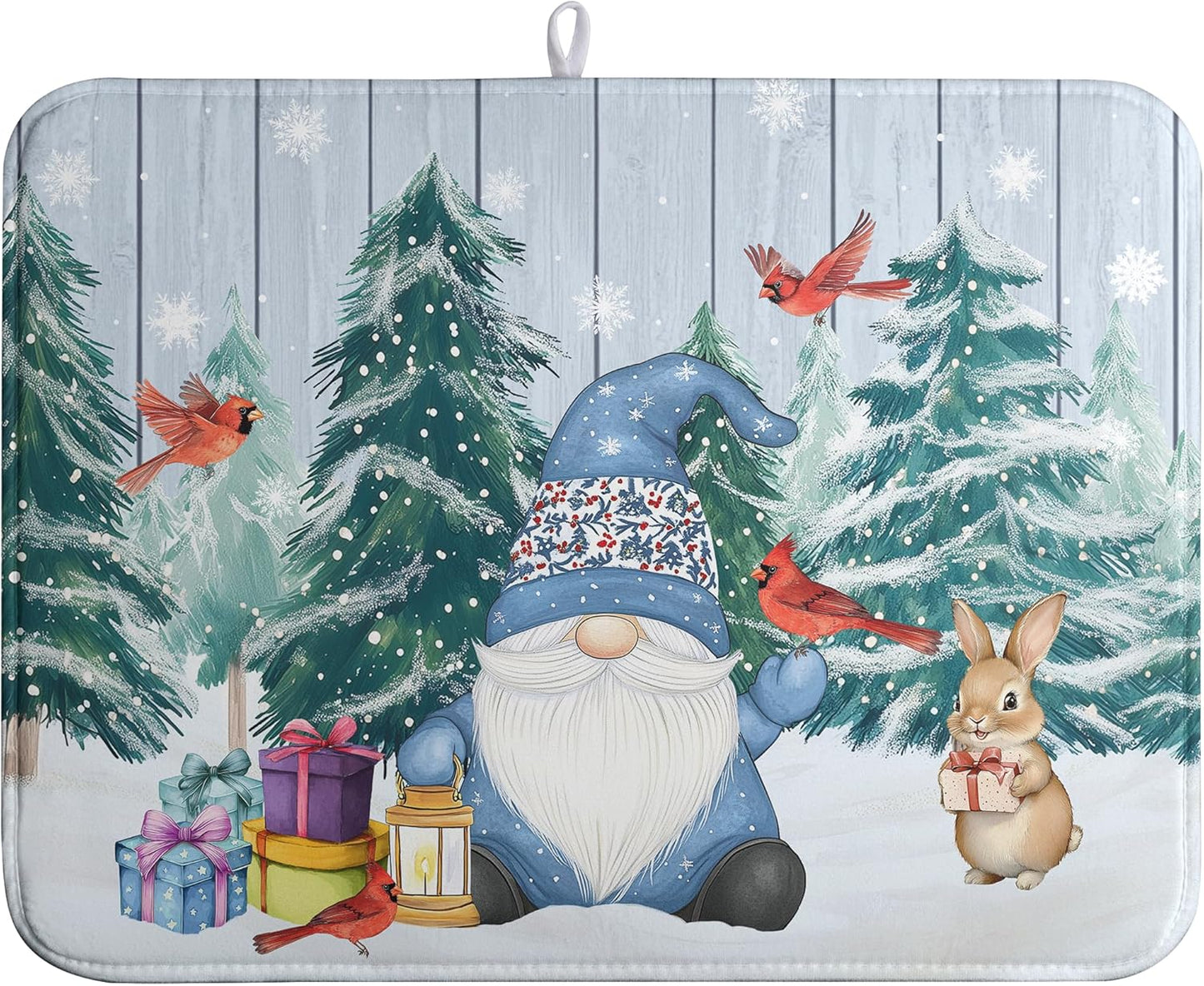 Winter Gnome Dish Drying Mat Christmas Tree Snowman Large Kitchen Mats Dish Drying Pad Bird Absorbent Dish Dryer Mat for Kitchen Countertops Microfiber Drainer Pad Dish Drying Mats (18x24 in)