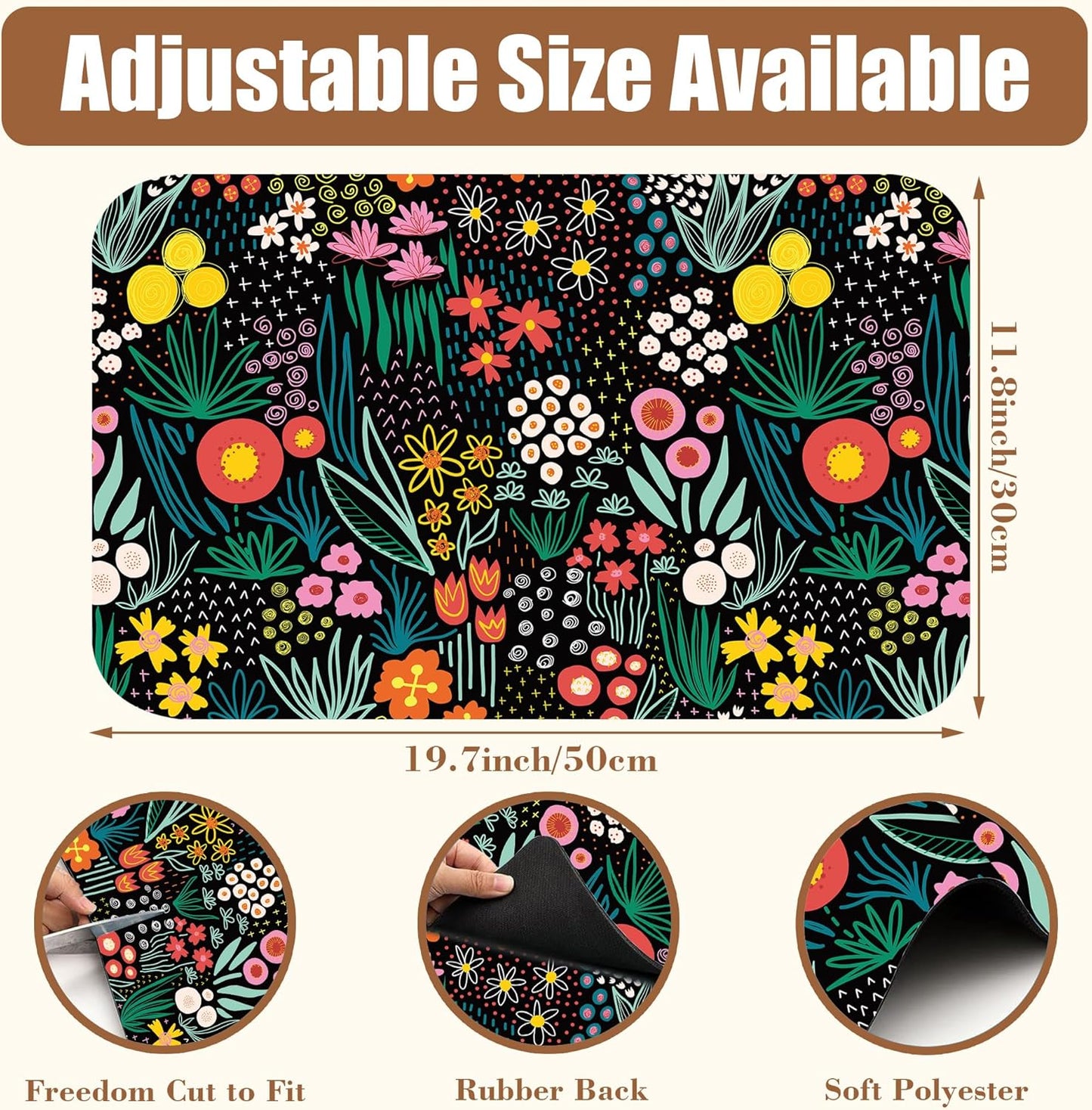 Dish Drying Mat Doodle Flower Meadow Coffee Bar Mat for Countertop Absorbent Rubber Backed Hide Stain Dish Drainer Rack Pad Coffee Pot Espresso Machine Dining Room Decoration 11.8 x 19.7 Inch