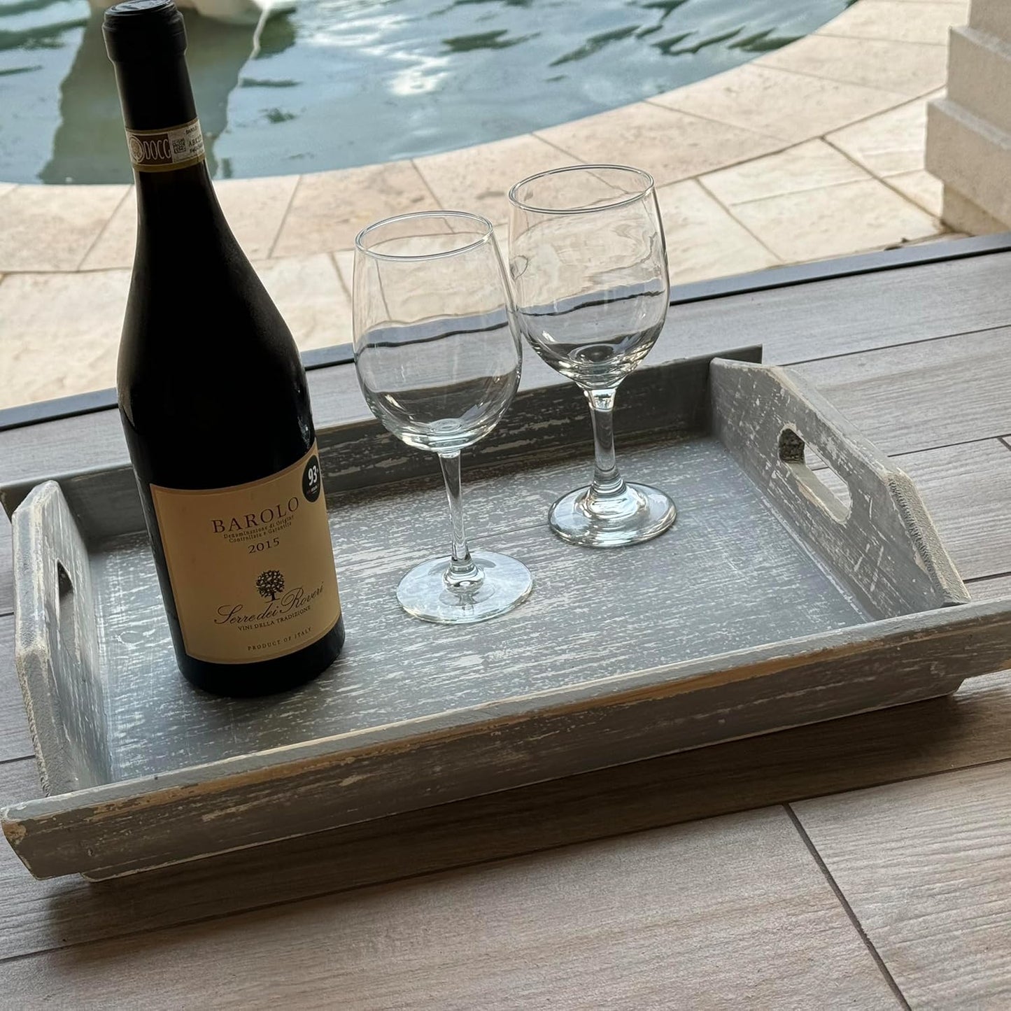 Allgala Wooden Tray 17""x13""x2"" Boat Style Vintage Grey Stylish Rustic Farmhouse Decor Serving Platter | Wooden Ottamen Tray | Coffee Table Tray I Bed Tray, Gray