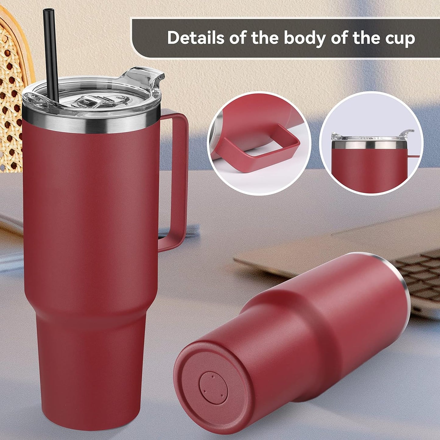 HASLE OUTFITTERS 40 oz Stainless Steel Tumbler with Handle, Vacuum Insulated Tumblers Bulk, Reusable Double Wall Travel Coffee Mug, Durable Powder Coated Water Bottles(Wine Red, 8)