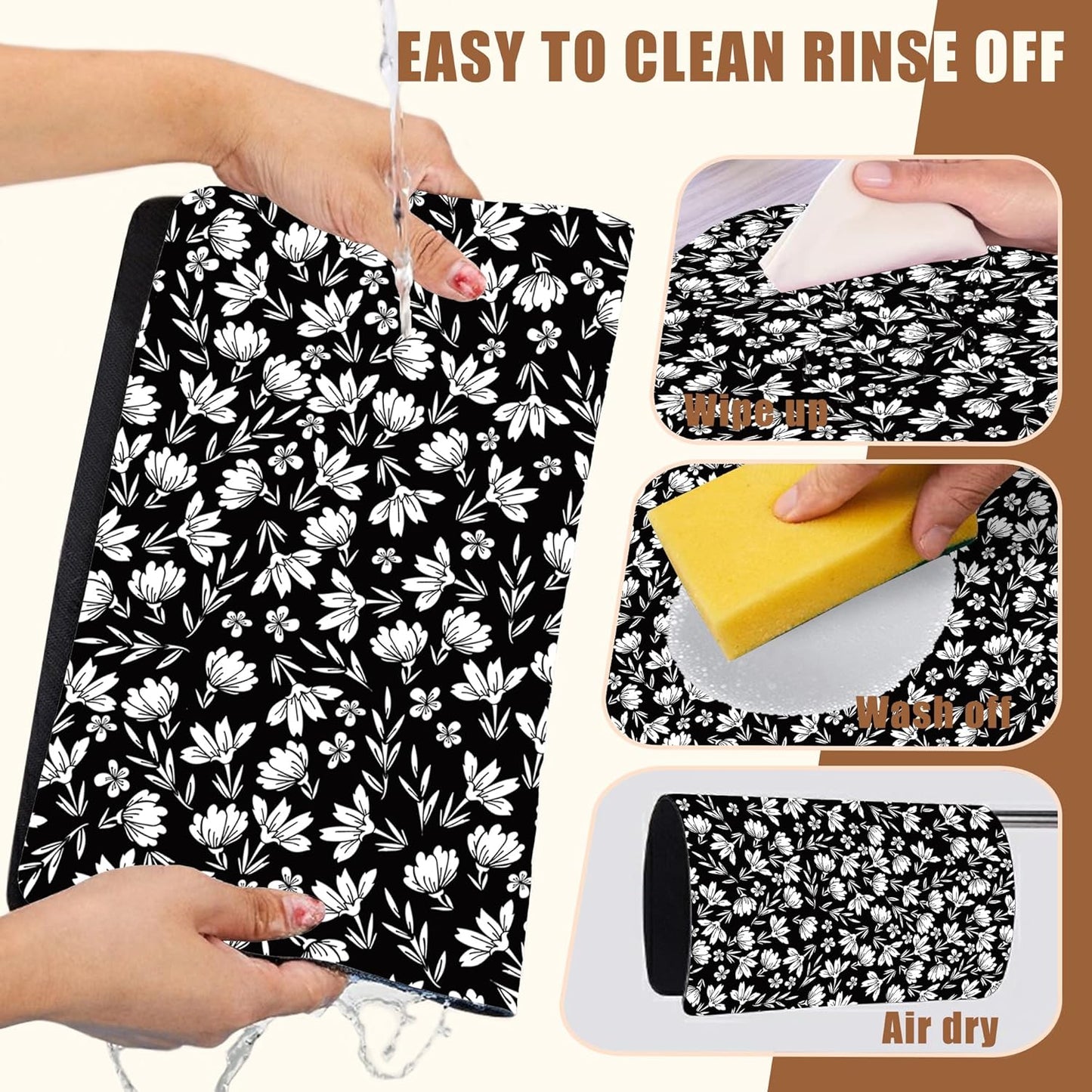 Black and White Flowers Dish Drying Mat for Kitchen Counter Coffee Bar Mat Hide Stain Absorbent Rubber Backed Drying Rack Pad Espresso Machine Coffee Bar Accessories 11.8 x 19.7 Inch
