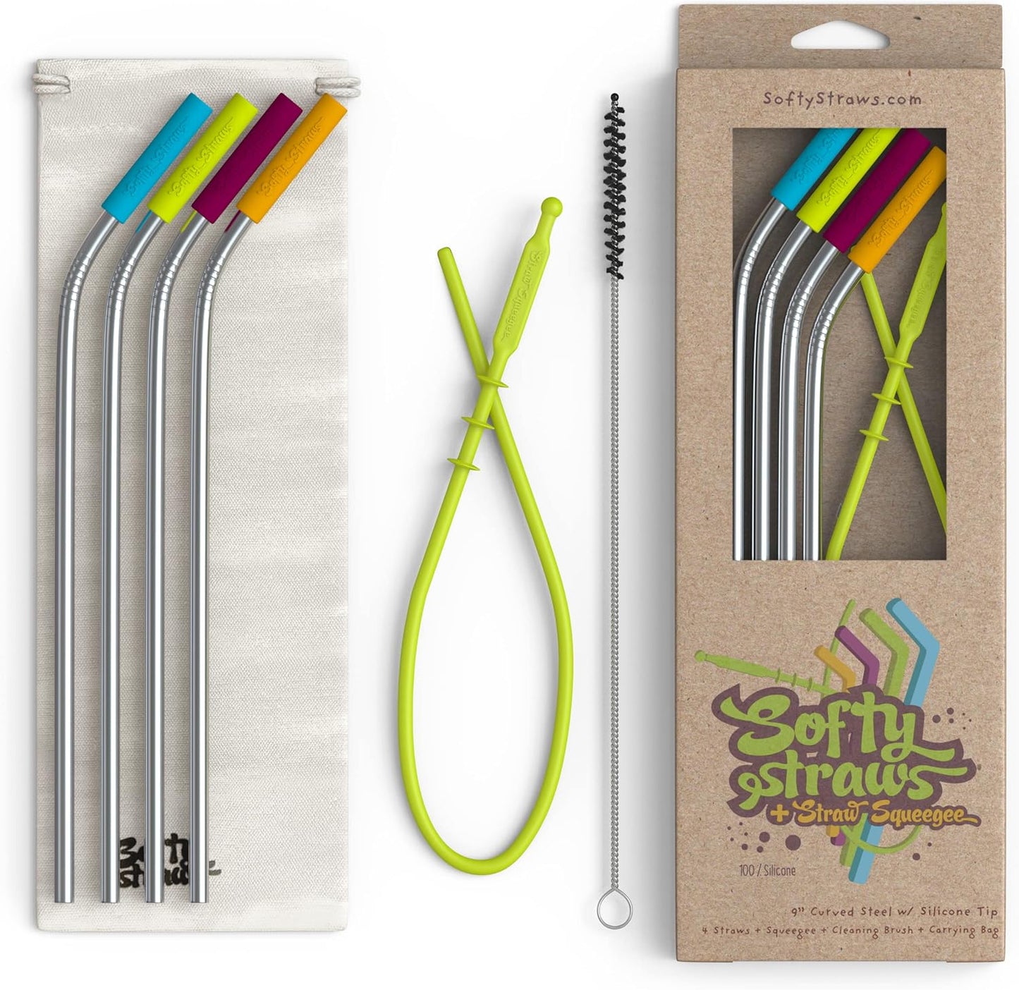 Premium Reusable Stainless Steel Drinking Straws With Silicone Tips + Patented Straw Cleaners and Carrying Case - 9” Long Metal With Curved Bend for 20/30/32oz Tumblers