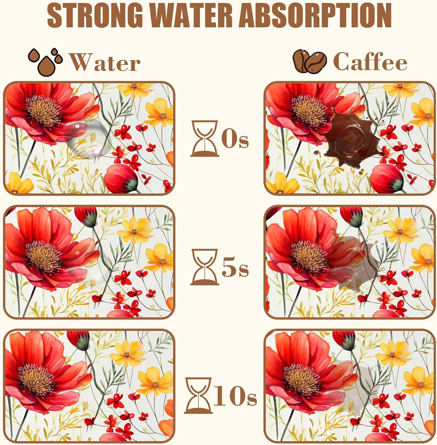 Red and Yellow Flowers Coffee Mat Absorbent Dish Drying Mat for Kitchen Counter Hide Stain Rubber Backed Coffee Bar Accessories Fit Under Espresso Machine Dish Drainer, 15.7 x 23.6 Inch