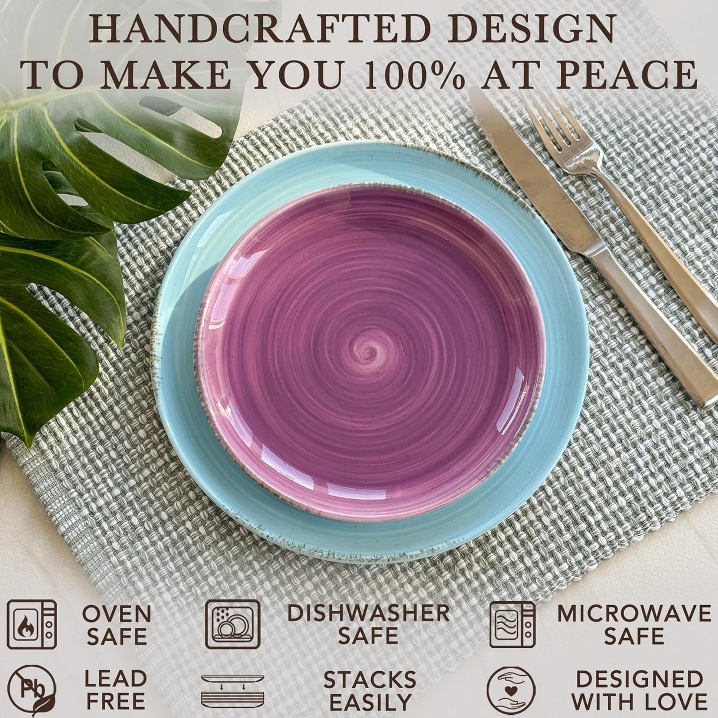 Mora Ceramic Helix Swirl Salad Plates Set of 6, 8in Spiral Porcelain Dish for Kitchen, Small Dinner, Lunch, Appetizer, Dessert, etc - Dishwasher, Microwave, Freezer, Oven Safe Dishware - Ocean Colors