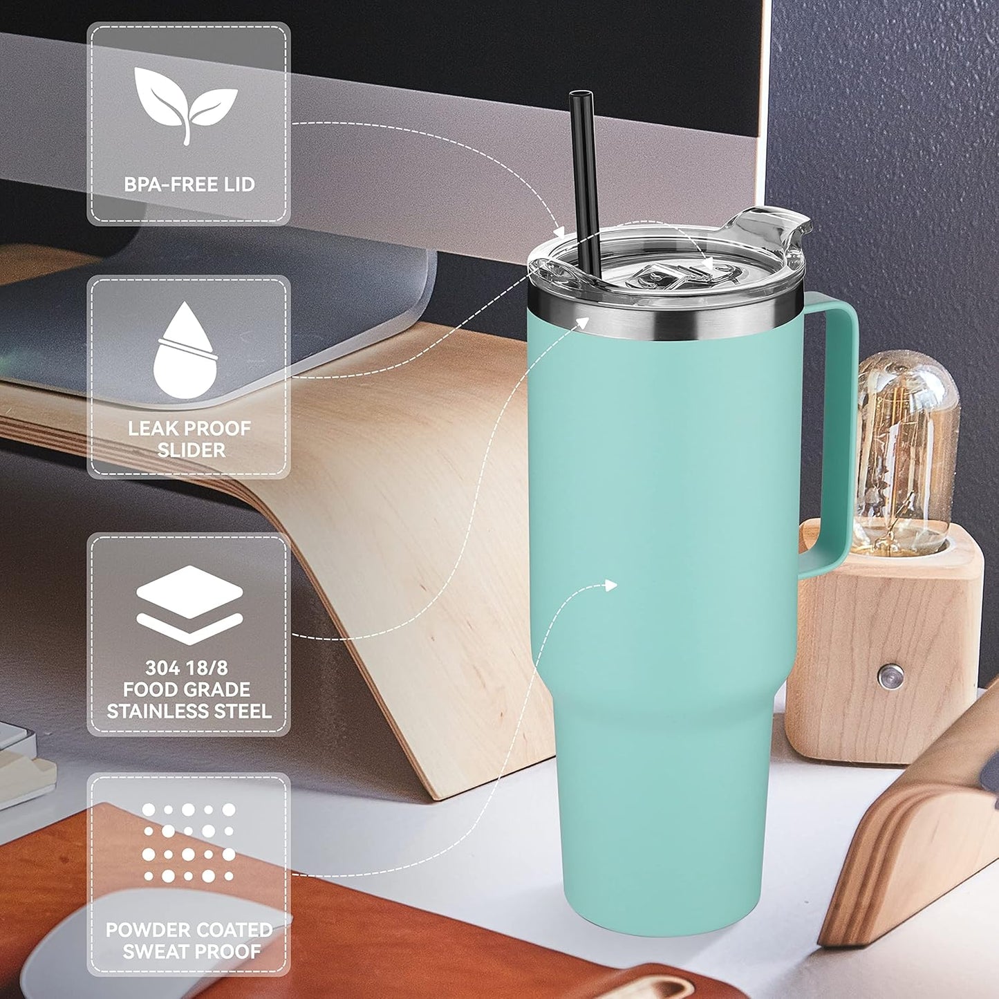 HASLE OUTFITTERS 40 oz Stainless Steel Tumbler with Handle, Vacuum Insulated Tumblers Bulk, Reusable Double Wall Travel Coffee Mug, Durable Powder Coated Water Bottles(Mint Green, 8)