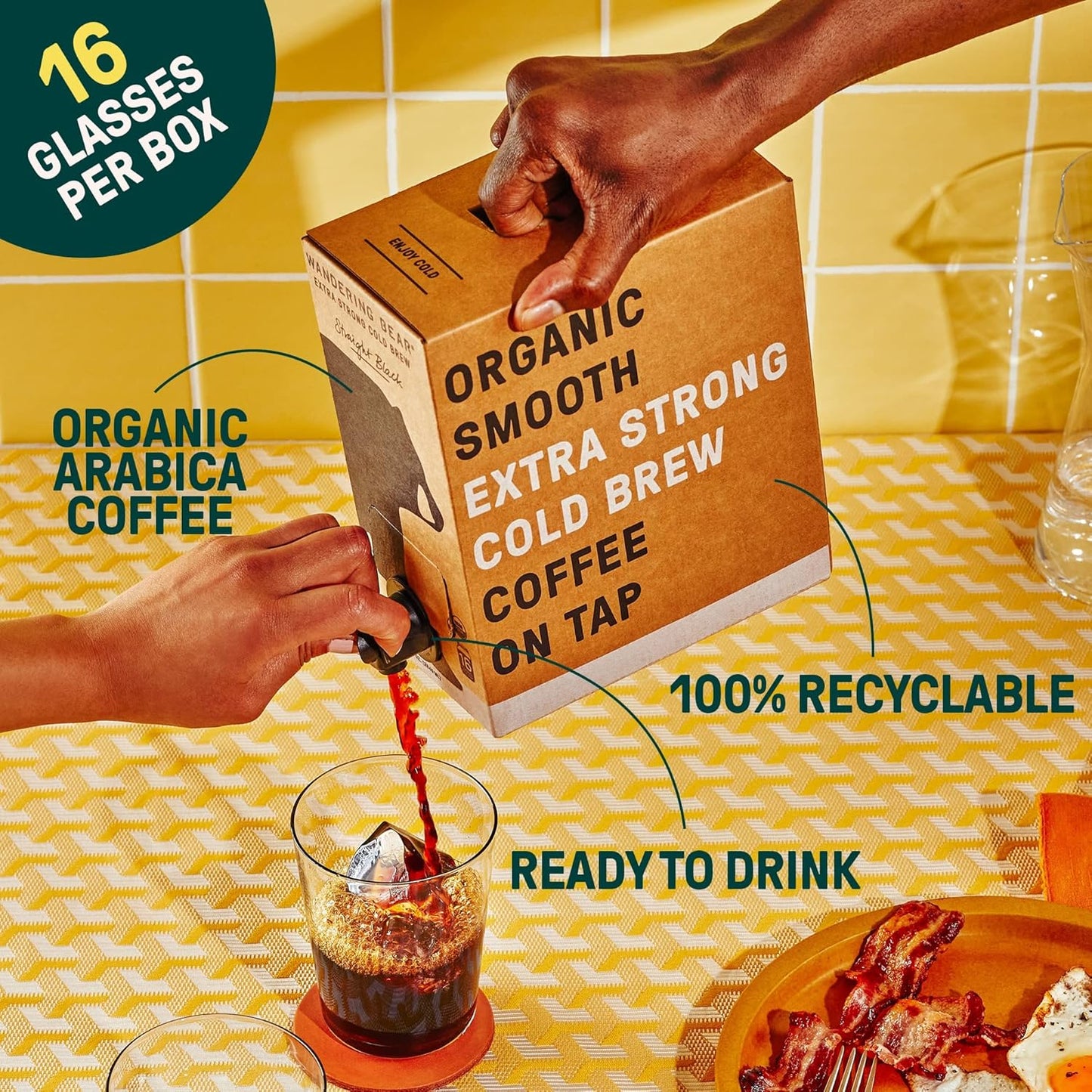 Wandering Bear Straight Black Organic Cold Brew Coffee On Tap, 96 fl oz - Extra Strong, Bold, Smooth, Unsweetened, Shelf-Stable, Ready to Drink, 100% Organic, Iced Cold Brewed Coffee Drinks