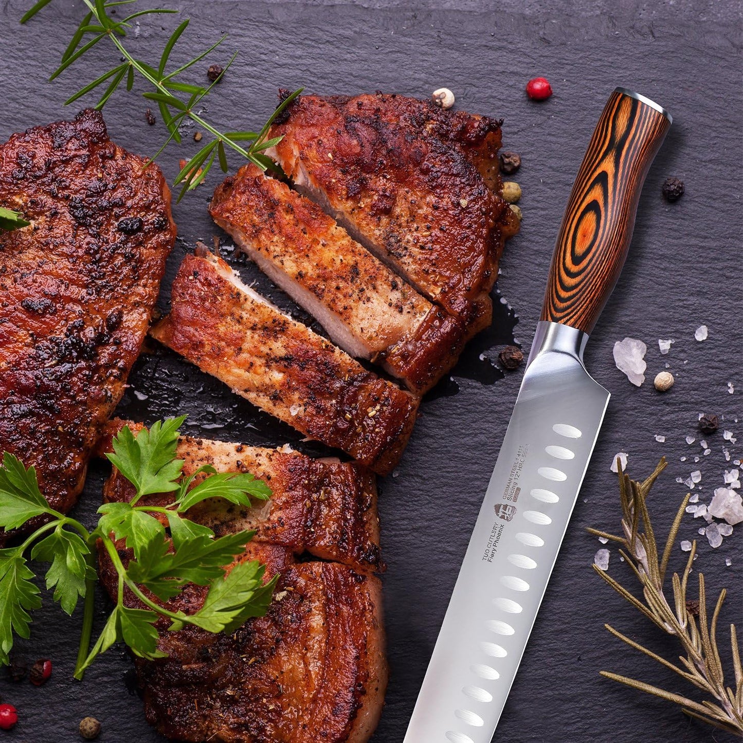 TUO Slicing Knife, 12 inch Granton Carving Knives Hollow Ground for Meat Cutting, Kitchen Long Slicer & Carver, German Stainless Steel Pakkawood Handle, Gift Box Included - Fiery Series