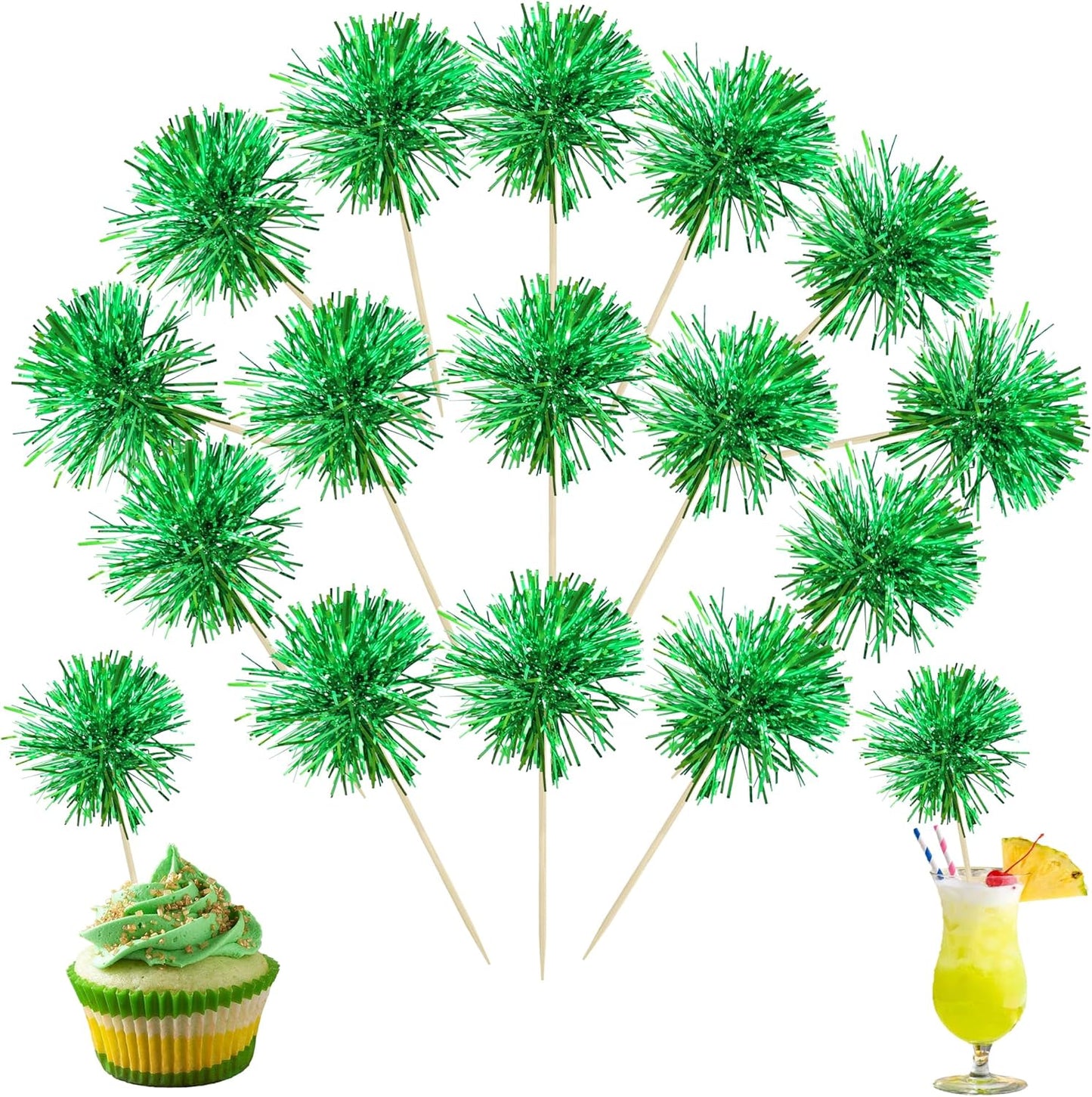 Ephlyn 30Pcs Foil Firework Cupcake Toppers Party Birthday Cake Toppers Supplies Sparkle Tinsel Cocktail Fruit Toothpick for Birthday Wedding Graduation Party Supplies Green