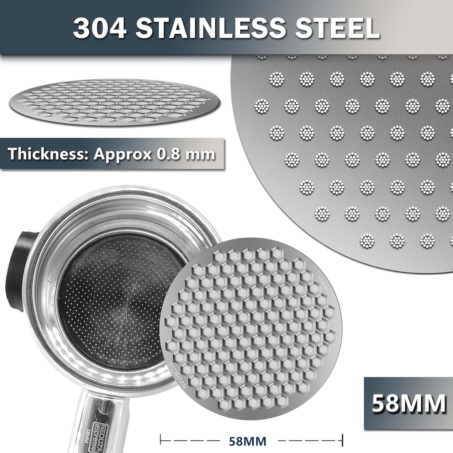 NEOUZA V4 Espresso Puck Screen 0.8mm Thickness Honeycomb Mesh Double Layer Black Protective Coating for Coffee Portafilter Basket (2, Black and Silver, 58mm)