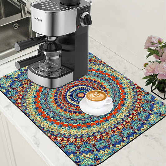 Boho Mandala Ethnic Coffee Mat Absorbent Dish Drying Mat for Kitchen Counter Hide Stain Rubber Backed Coffee Bar Accessories Fit Under Espresso Machine Dish Drainer 15.7 x 23.6 Inch