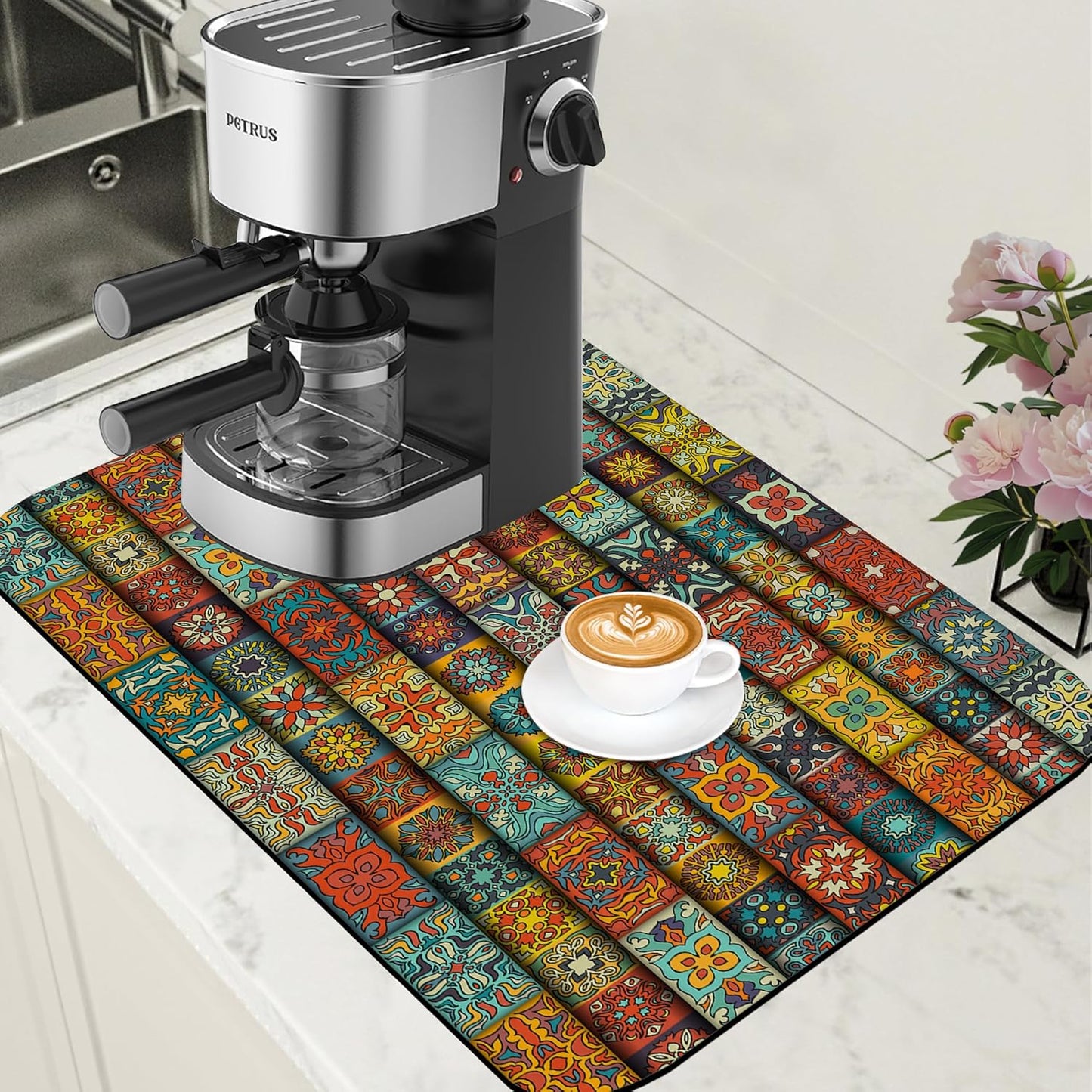 Boho Dish Drying Mat Colorful Mandala Flower Coffee Bar Mat for Countertop Absorbent Rubber Backed Hide Stain Dish Drainer Rack Pad Coffee Maker Espresso Machine Cafe Table Decor 15.7 x 23.6 Inch
