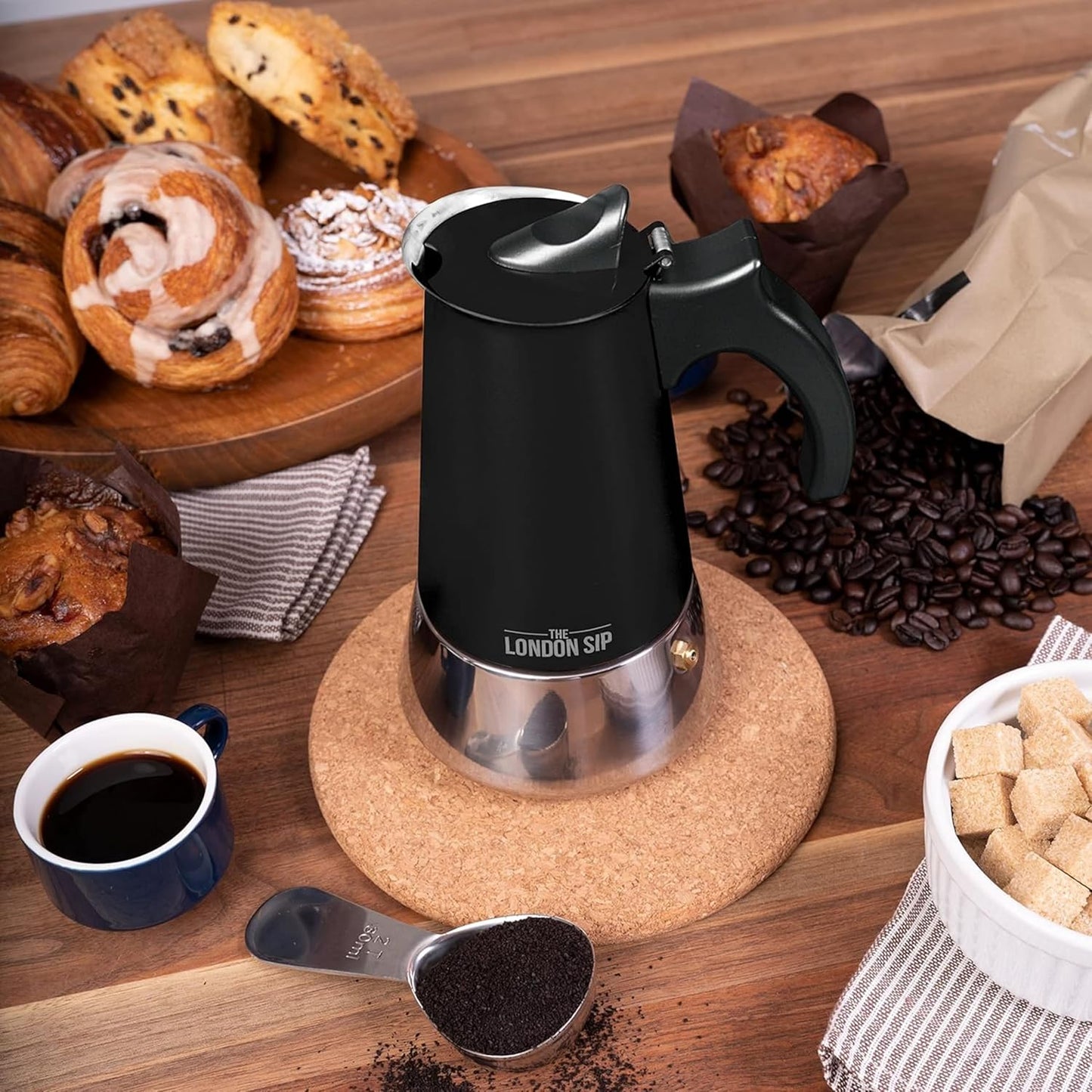 London Sip Stainless Steel Stovetop Espresso Maker Moka Pot Italian Coffee Percolator, Matte Black, Large (16.9 oz)