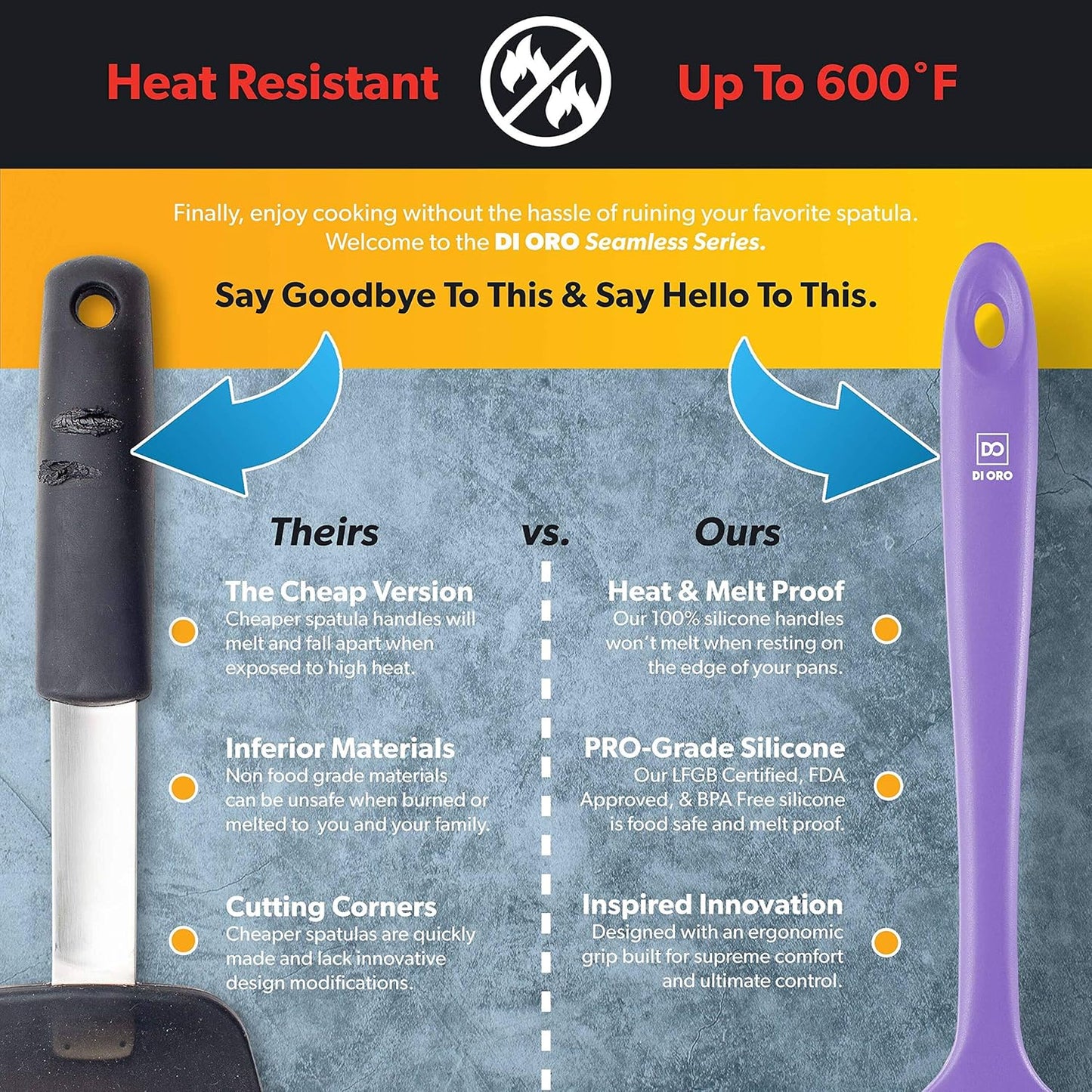 DI ORO Silicone Spoon Spatula - 600°F Heat-Resistant Large Silicone Spoonula Scraper - BPA Free Nonstick Cookware Safe Rubber Kitchen Utensil for Baking, Cooking, & Mixing - Dishwasher Safe (Lavender)