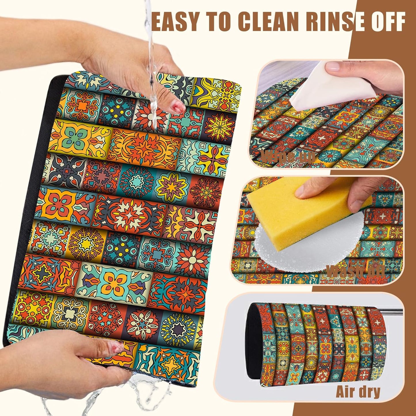 Boho Dish Drying Mat Colorful Mandala Flower Coffee Bar Mat for Countertop Absorbent Rubber Backed Hide Stain Dish Drainer Rack Pad Coffee Maker Espresso Machine Cafe Table Decor 15.7 x 23.6 Inch