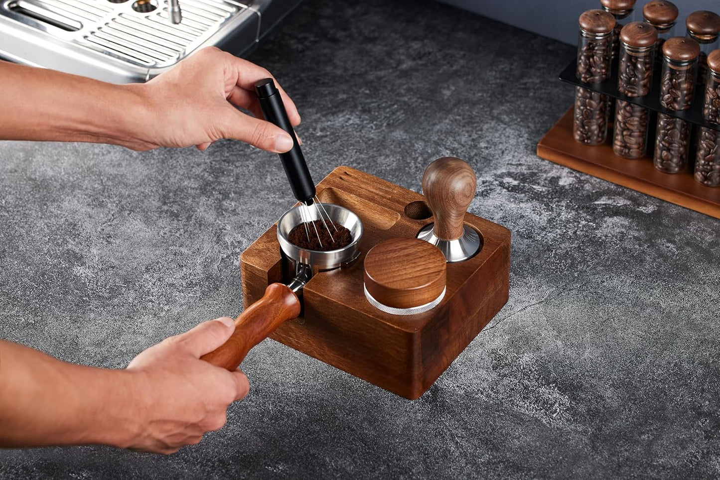 Tamping Station for Portafilters Solid Wood Espresso Accessories 5-Slot Organizer with Anti-Slip Base & Adjustable height (small)