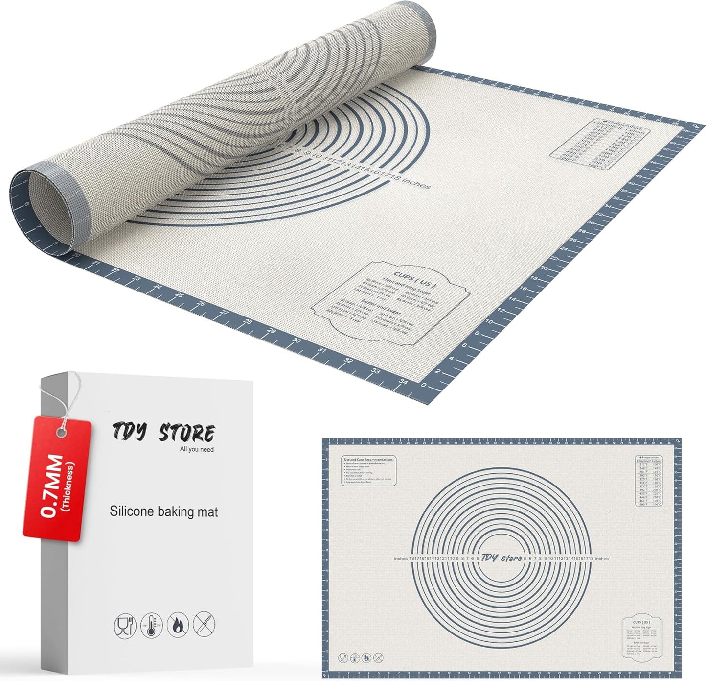 28 * 20 inches Grey, Non-Slip Silicone Baking Sheets - Baking Mat with 0.7mm Thickness - Non-Stick Pastry & Cookie Mat for Kitchen Counter for Rolling Out Dough with Measurements.