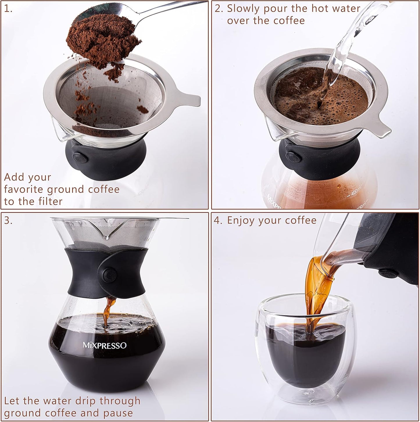 Mixpresso Pour Over Coffee Maker Set Glass Carafe Borosilicate White Protective Silicone Sleeve, Pour Over Coffee Dripper Brewer With Double-layer Stainless Steel Filter 13.5 Oz