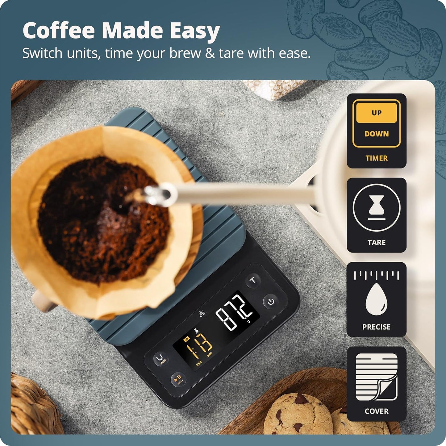 Greater Goods 0.1g Precision Coffee Scale with Timer – 3kg Digital Scale for Pour-Over, Espresso, French Press, Kitchen Use (Stone Blue)