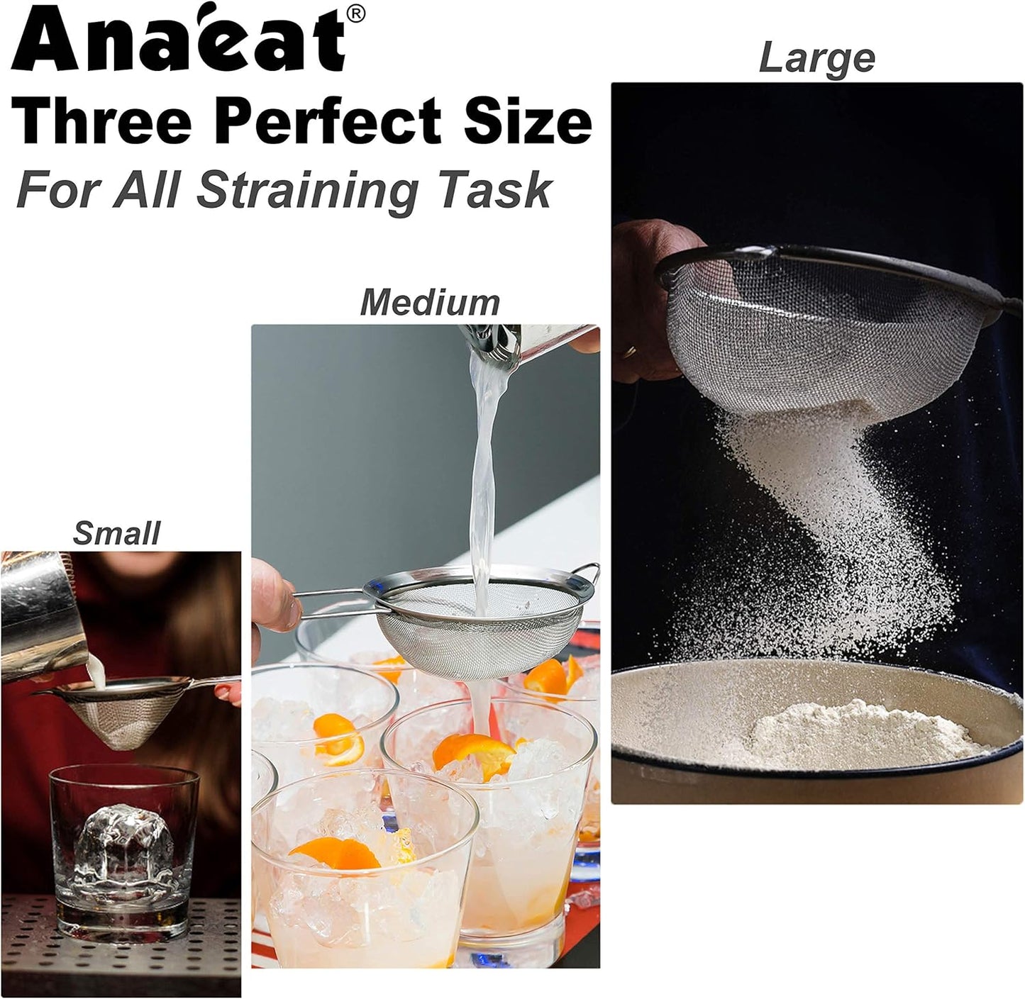 Anaeat Fine Mesh Strainers - Premium Stainless Steel Colander Sieve Sifters, with Durable Mesh and Sturdy Handle, Excellent for Sifting Dry ingredients, Flour, Pastas, Rice, Tea (4.73"）