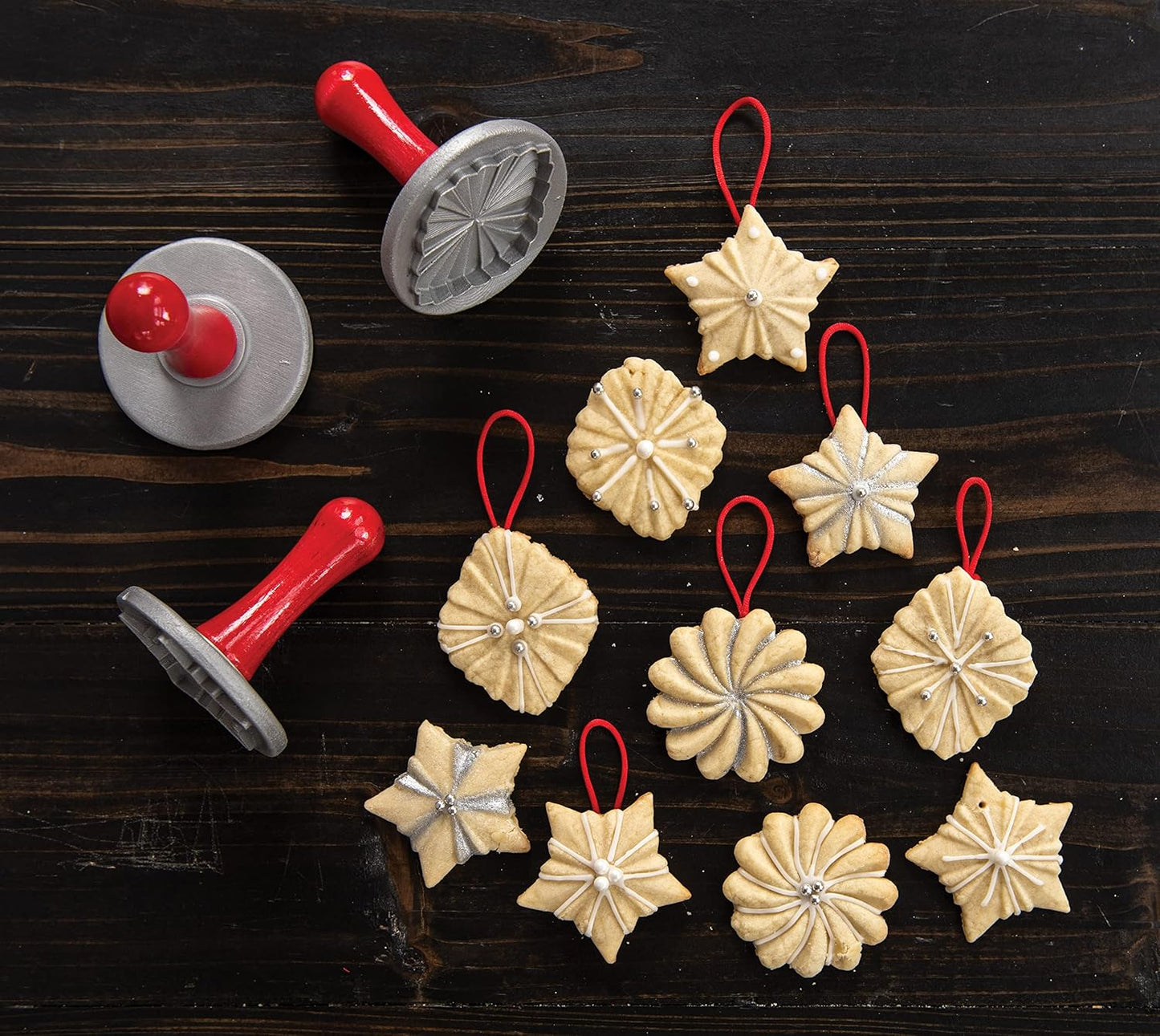 Nordic Ware Pretty Pleated Cookie Stamps Silver Cast Aluminum with Wood Handles, Grey, 3-Piece