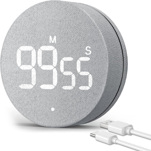 AVINIA Fabric Digital Kitchen Timer, Rechargeable with Large LED Display 0-99Mins, Magnetic Countdown Timers for Home Classroom Office Fitness Grey
