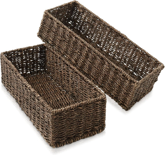 Casafield Set of 2 Bathroom Storage Baskets, Espresso - Seagrass, 16" W x 6.75" D x 4.25" H, Woven Toilet Tank Topper Bins for Organizing Tissues, Toilet Paper, Toiletries, Shelves