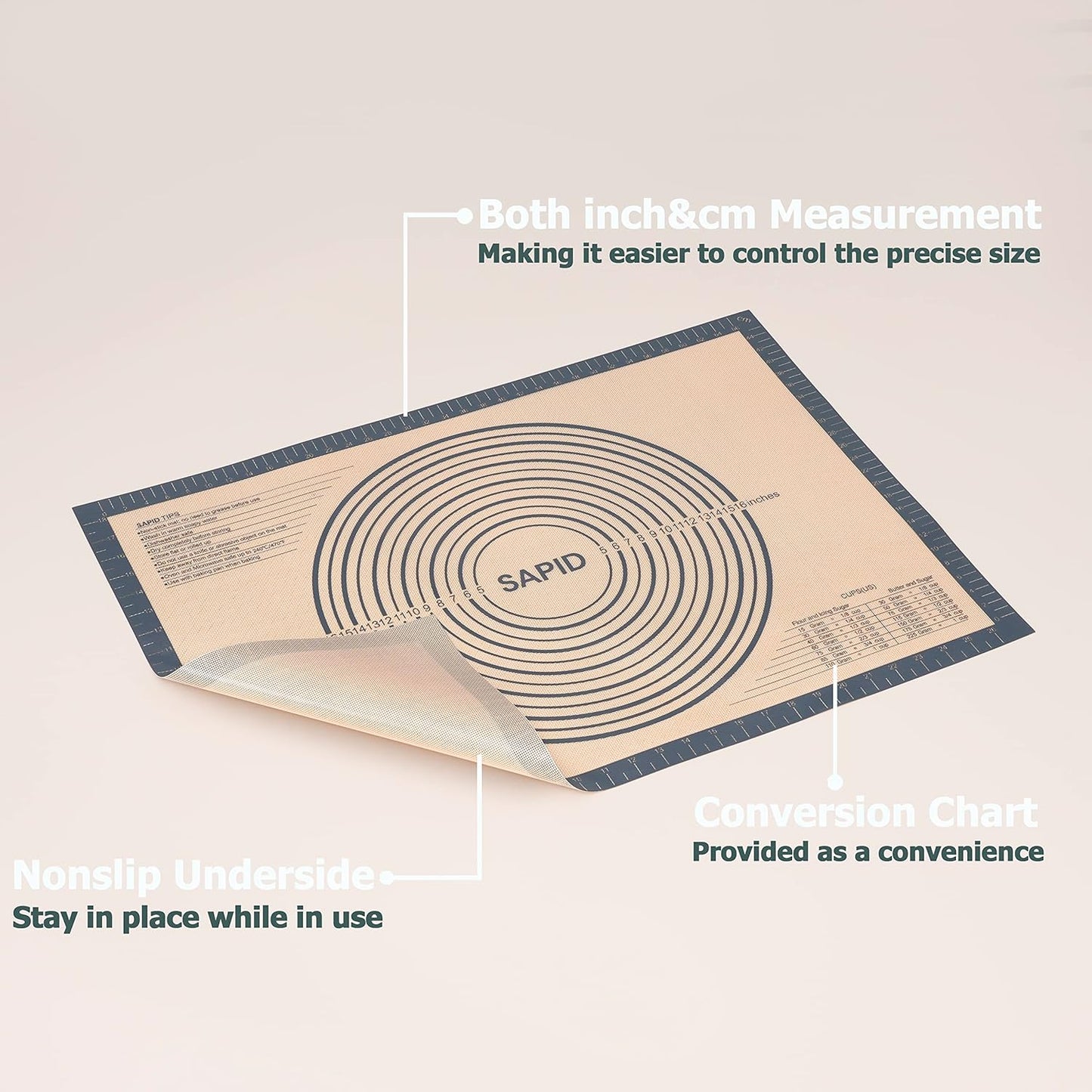 Sapid Extra Thick Silicone Pastry Mat Non-slip with Measurements for Non-stick Silicone Baking Mat Extra Large, Dough Rolling, Pie Crust, Kneading Mats, Countertop, Placement Mats (20" x 28",Gray)