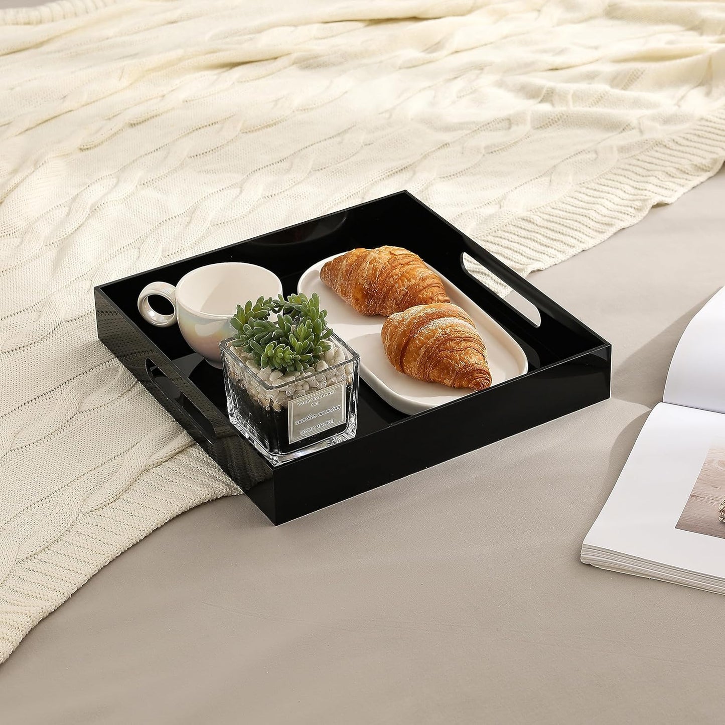 Glossy Black Sturdy Acrylic Serving Tray with Handles-12x12 Inch-Serving Coffee,Appetizer,Breakfast,Butler-Kitchen Countertop Tray-Makeup Drawer Organizer-Vanity Table,Ottoman Tray-Decorative