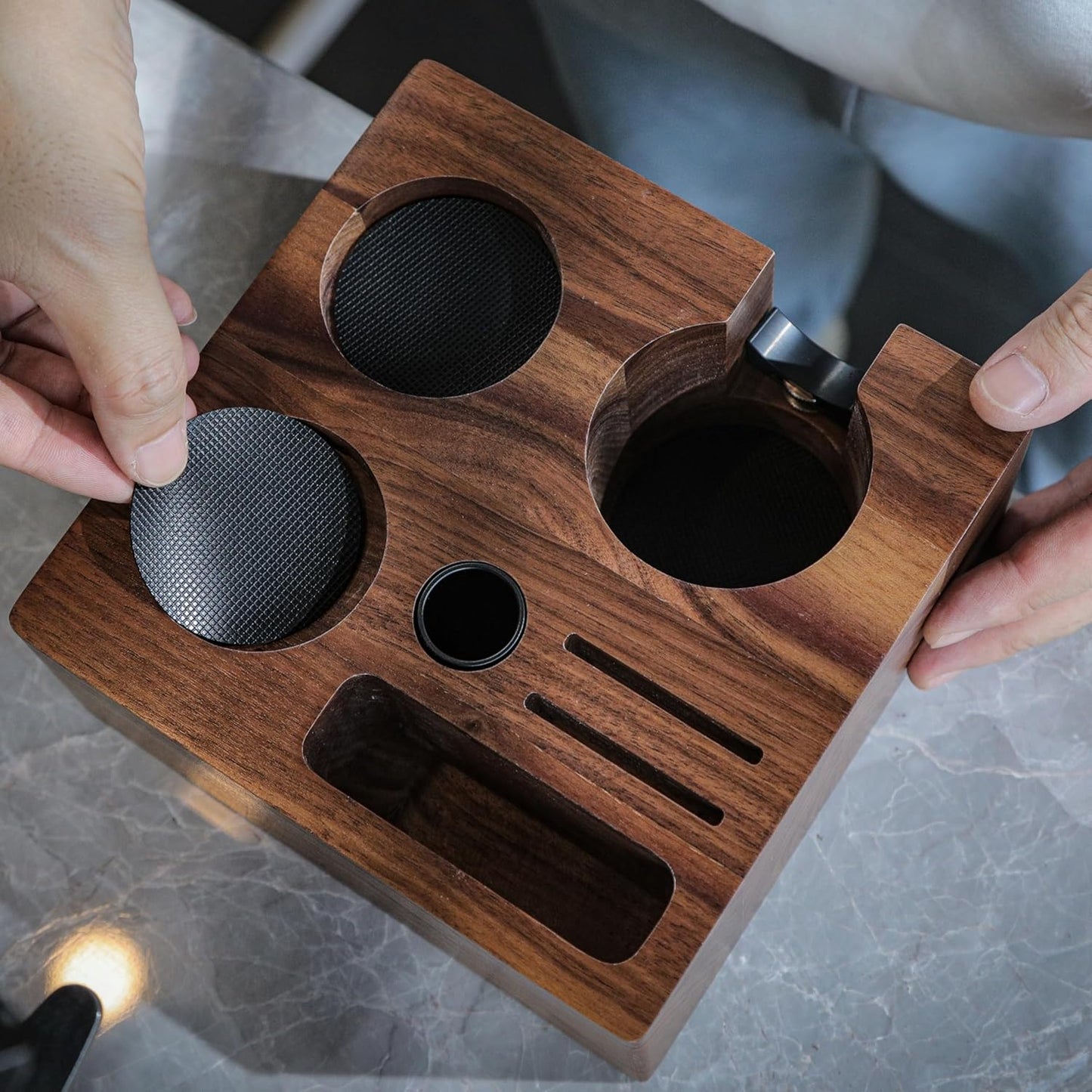 Complete 51mm Espresso Machine Accessories Kit – Walnut Handle Tamper, Coffee Distributor, WDT Tool, Knock Box, and Tamping Station