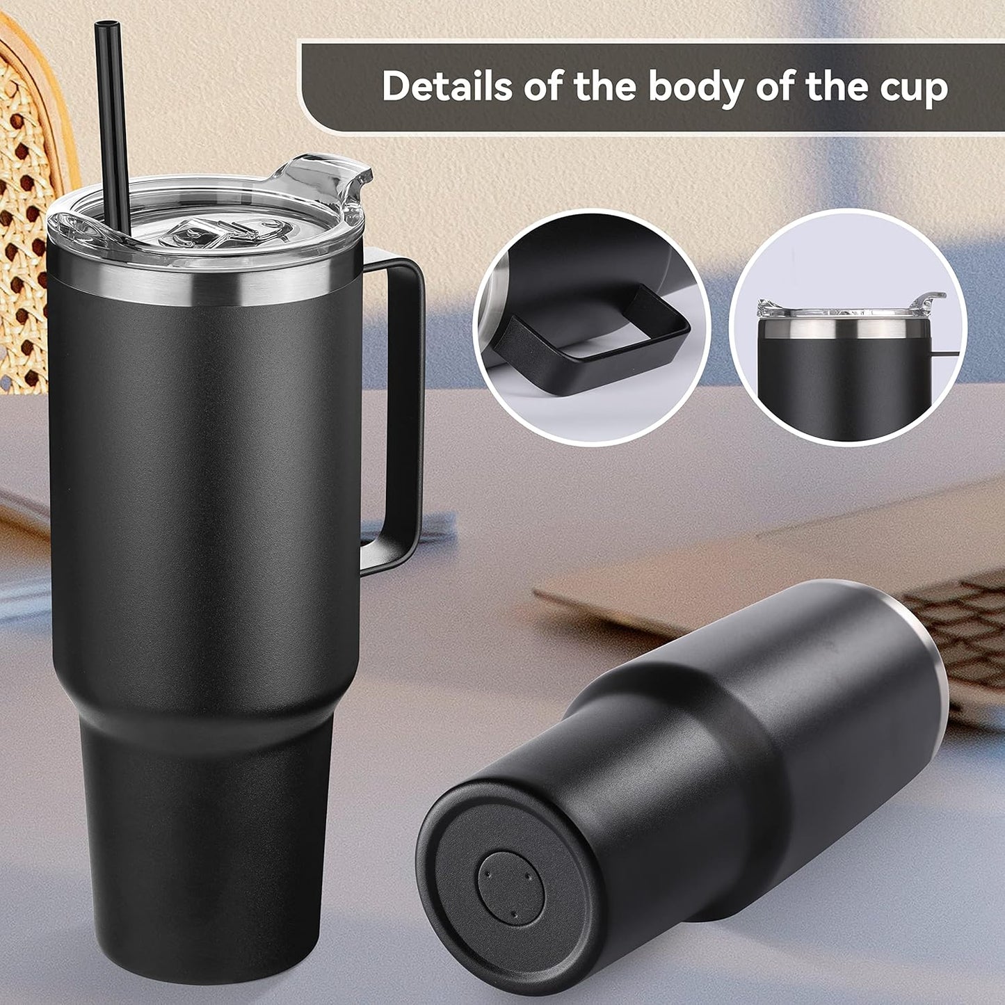 HASLE OUTFITTERS 40 oz Stainless Steel Tumbler with Handle, Vacuum Insulated Tumblers Bulk, Reusable Double Wall Travel Coffee Mug, Durable Powder Coated Water Bottles(Black, 4)