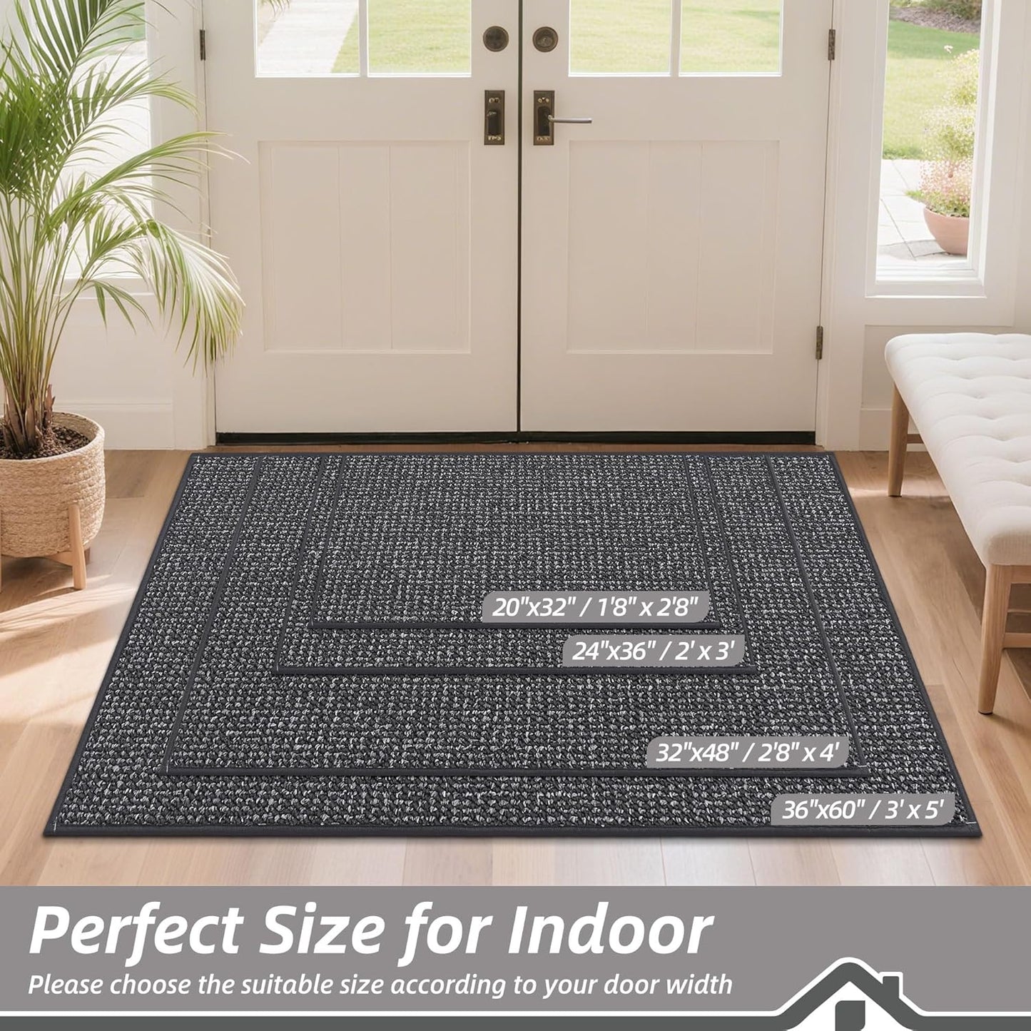 BEQHAUSE Dirt Trapper Door Mat 32" x 48", Non-Slip Washable Doormats Entrance Mat, Dirt Resistant and Absorbent Welcome Mat, Low Profile Floor Mats for Front Back Door and Entryway, Charcoal