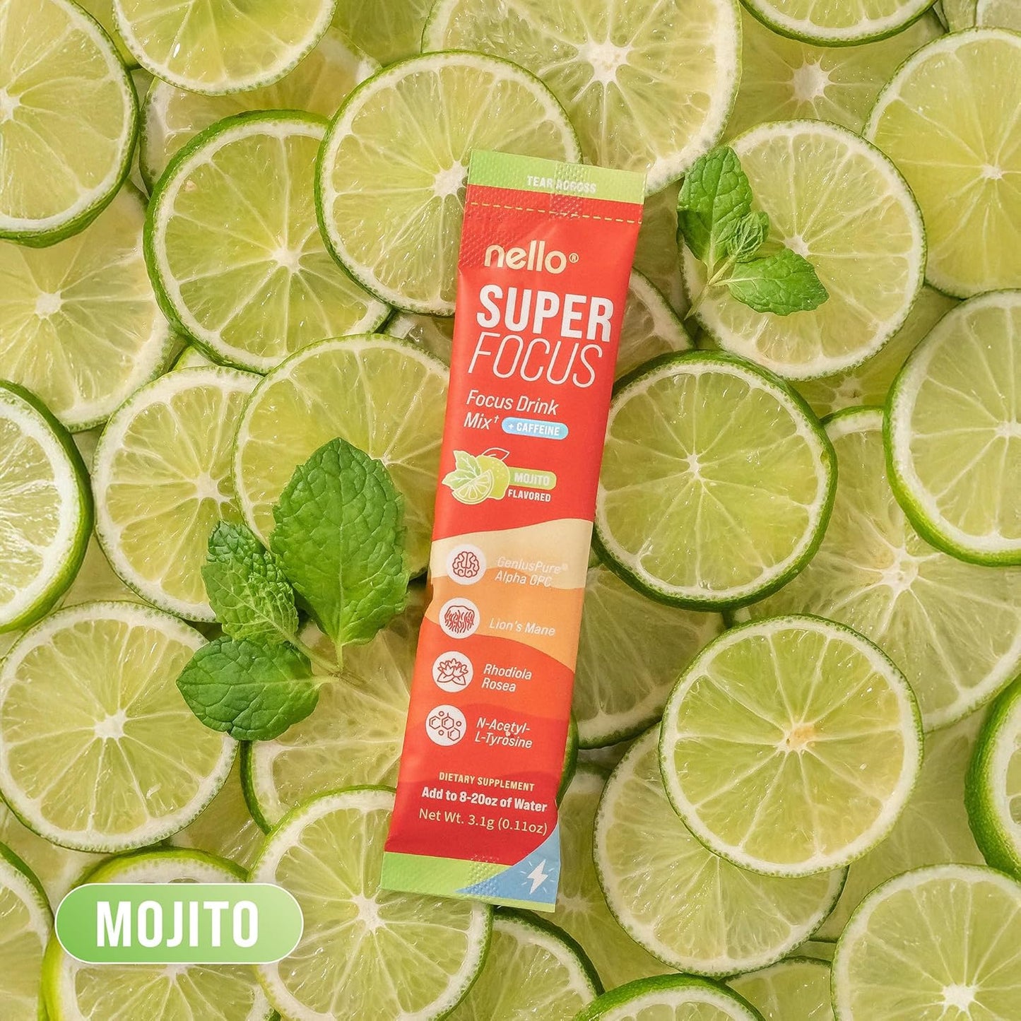 SuperFocus Mojito with Caffeine– Nootropic Focus Drink Mix, 20 On-The-Go Packets, Alpha GPC, Lion’s Mane, Rhodiola, Sugar-Free