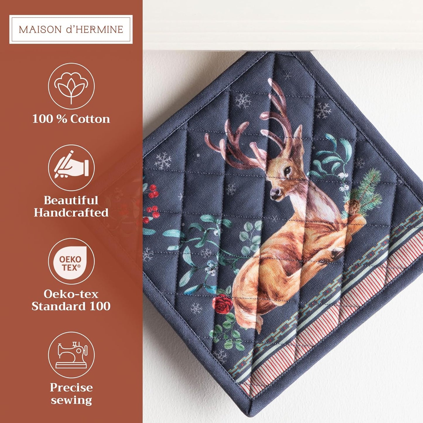 Maison d' Hermine Pot Holders 100% Cotton Heat Resistant Potholders 8" x 8" Hot Pads with Loop BBQ, Cooking, Baking, Grilling, Kitchen, Handling Hot Pans (Pack of 1, Christmas Joy)