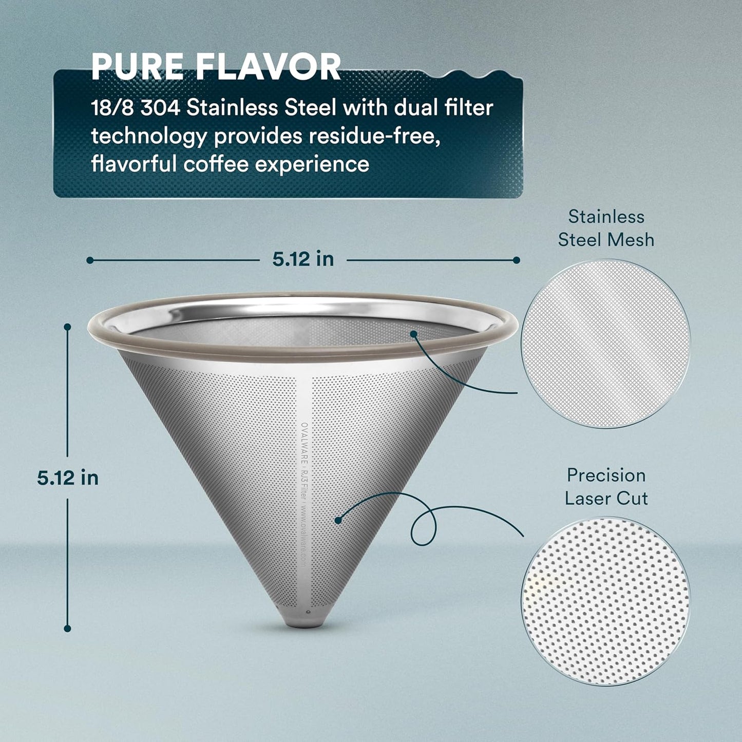 OVALWARE Paperless Stainless Steel Pour Over Coffee Filter – Reusable and Permanent Coffee Cone Dripper for Ovalware, Chemex, Hario and Other Carafes