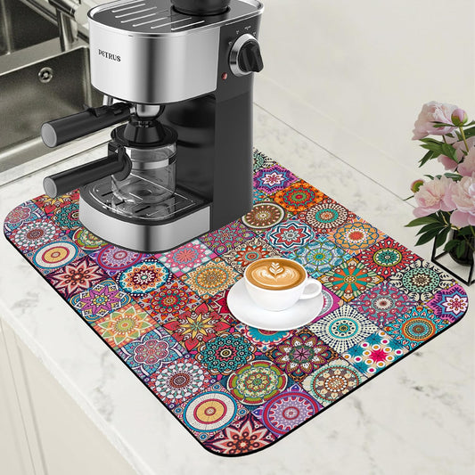 Vintage Mexican Ethnic Mandala Dish Drying Mat for Kitchen Counter Bar Mat Hide Stain Absorbent Rubber Backed Coffee Maker Espresso Machine Accessories 11.8 x 19.7 Inch