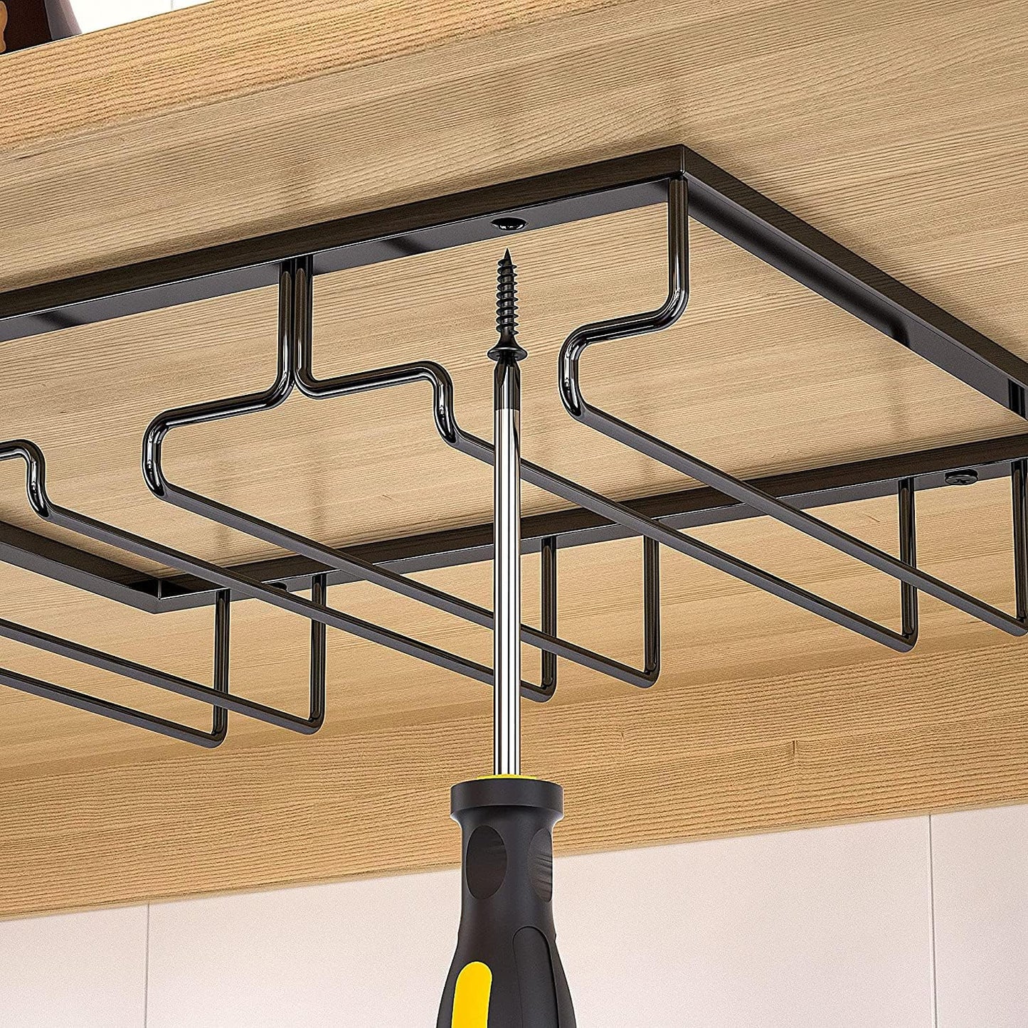 Wine Cup Holder Table Decoration Storage Hanger Metal Organizer for Bar Kitchen Stemware Rack Under Cabinet Stainless Steel Hanger Storage Shelf Black (Black, 4 Rows 1 Pack)