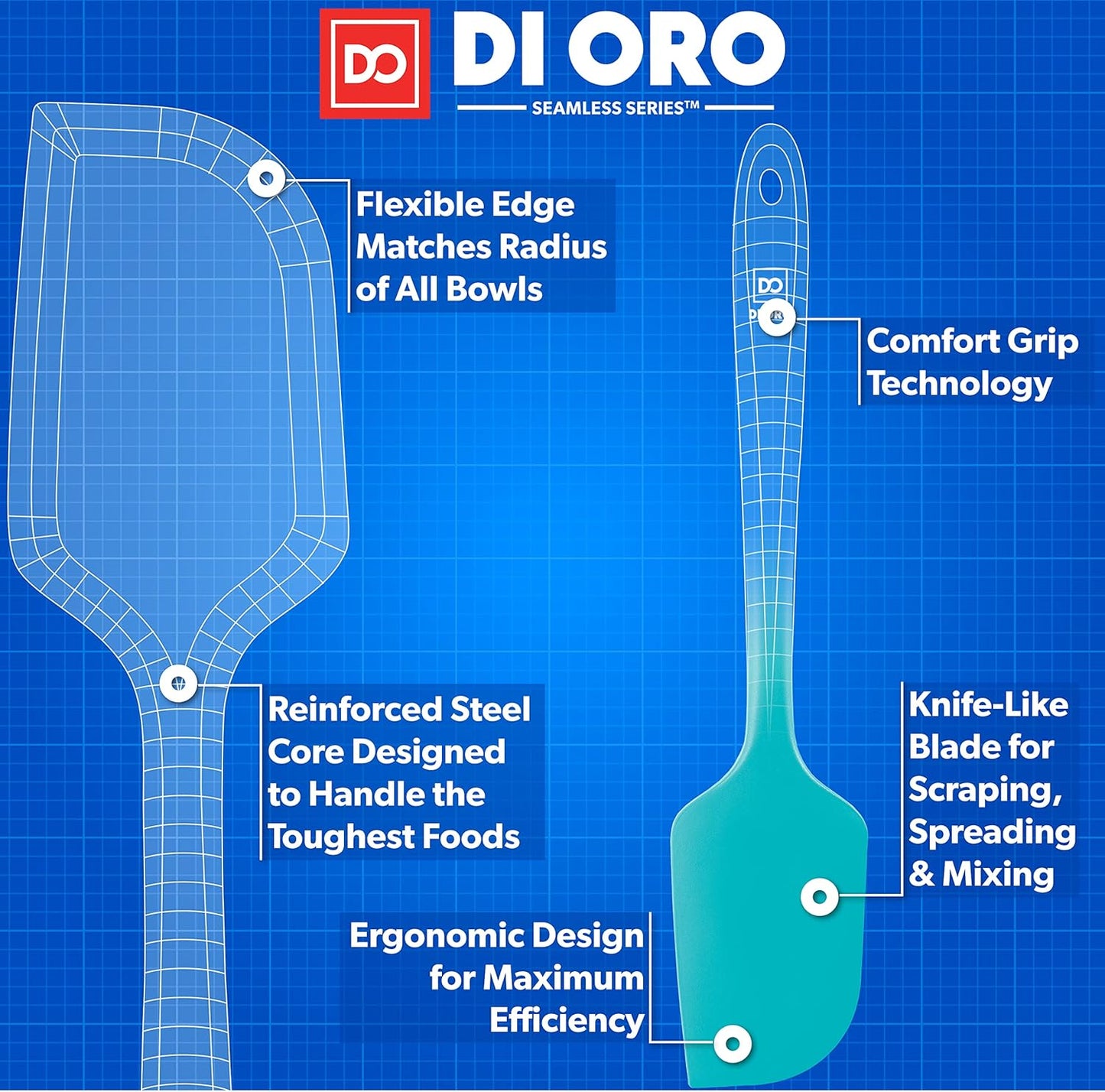 DI ORO Silicone Spatula - 600°F Heat-Resistant Rubber Kitchen Spatula for Baking, Scraping, & Mixing - BPA Free Nonstick Cookware Safe Flexible Utensil for Cooking - Seamless & Dishwasher Safe (Teal)