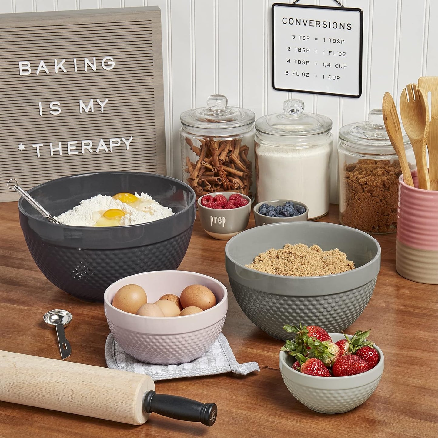 TTU Tabletops Gallery Hobnail Style 4 Piece Timeless Grey Stoneware Nesting Mixing Bowl Set for Baking and Cooking