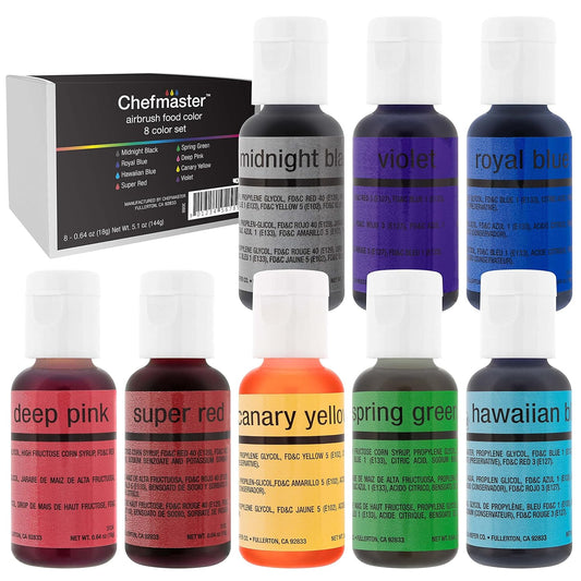 Chefmaster - Airbrush Food Coloring - 8 Color Pack - Vibrant and Fade-Resistant Sheen - Works With Any Airbrush Tool to Achieve Amazing Effects and Designs - Made in the USA
