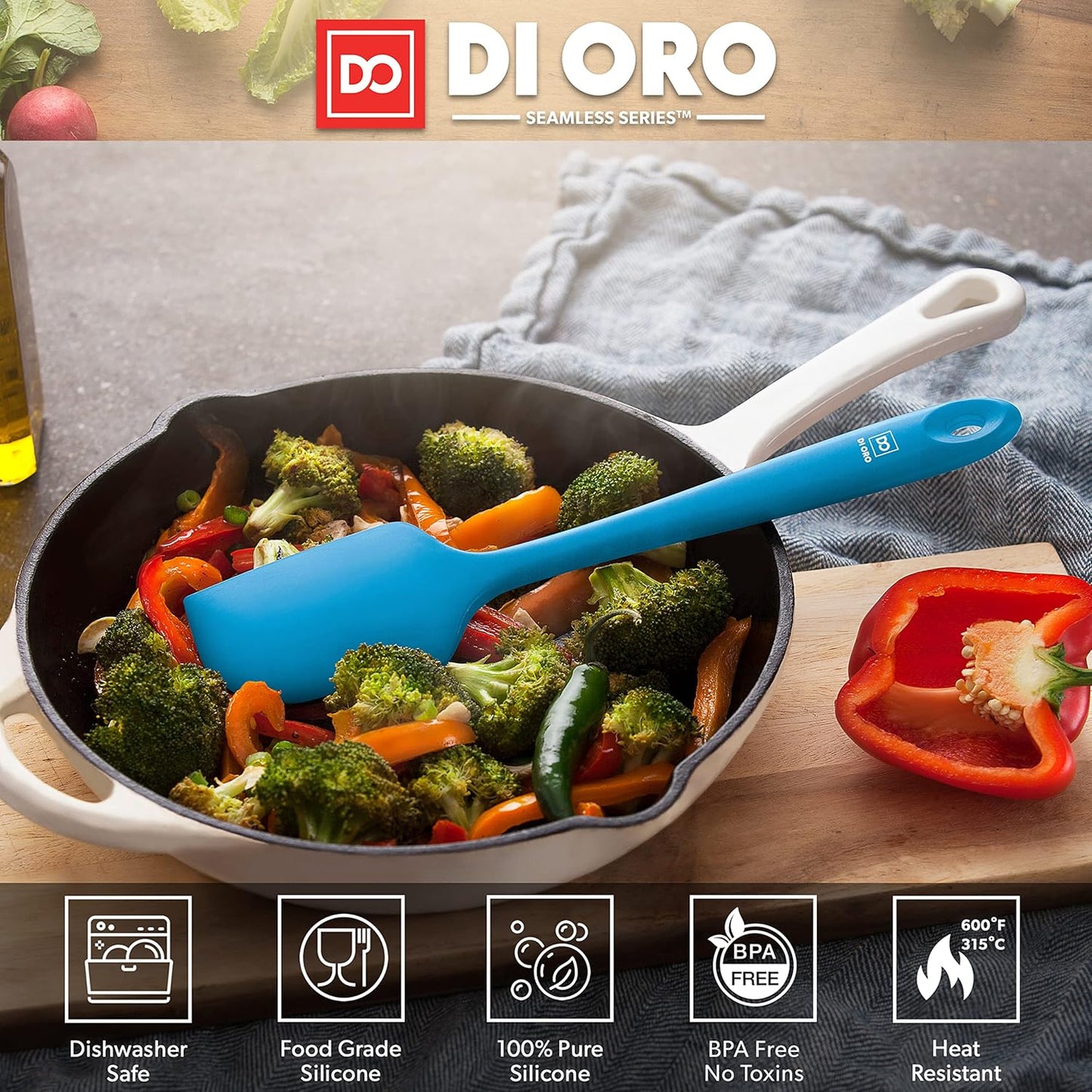 DI ORO Silicone Spatula - 600°F Heat-Resistant Rubber Kitchen Spatula for Baking, Scraping, & Mixing - BPA Free Nonstick Cookware Safe Flexible Utensil for Cooking - Seamless & Dishwasher Safe (Blue)