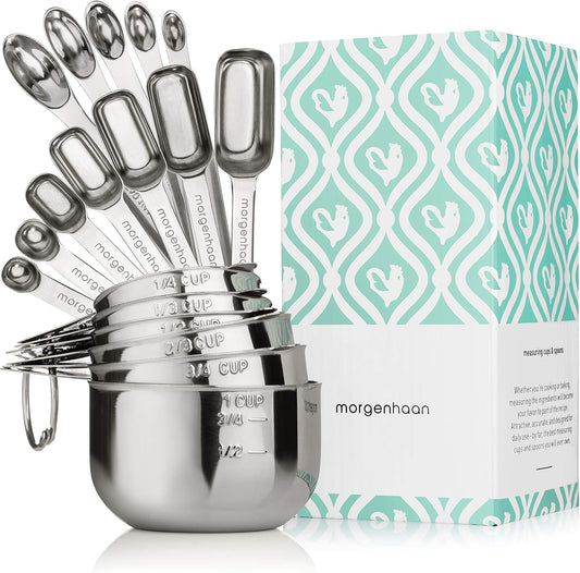 Heavy-Duty 304 Stainless Steel Measuring Cup Set (18-Piece) - Stackable, Dual Metric/US, Long & Narrow Spoons for Spice Jars + 5 Mini Spoons